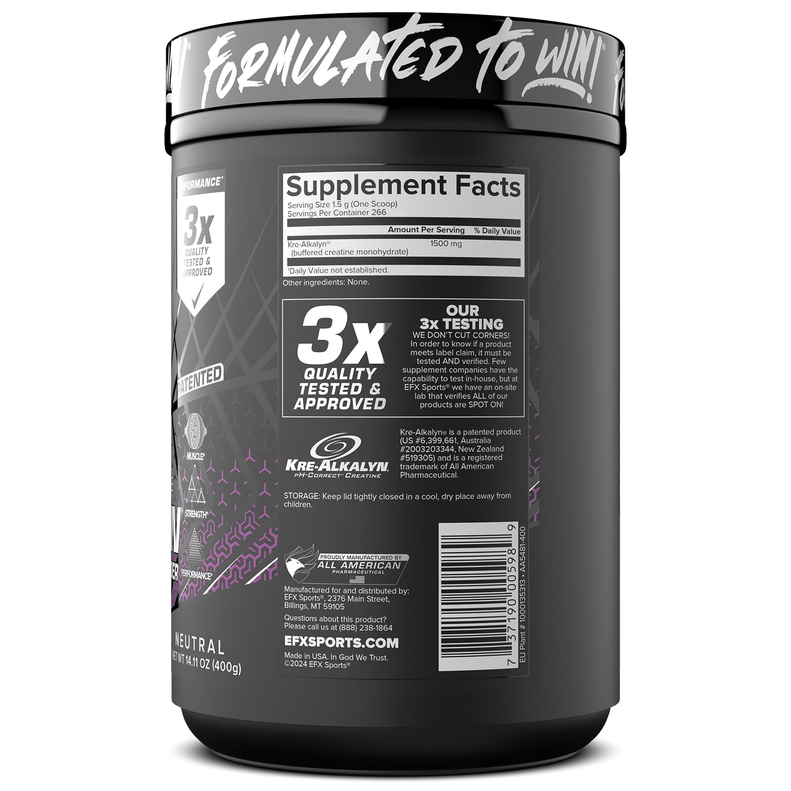 EFX Sports Kre-Alkalyn fórmula de disolución estable para mejor absorción.