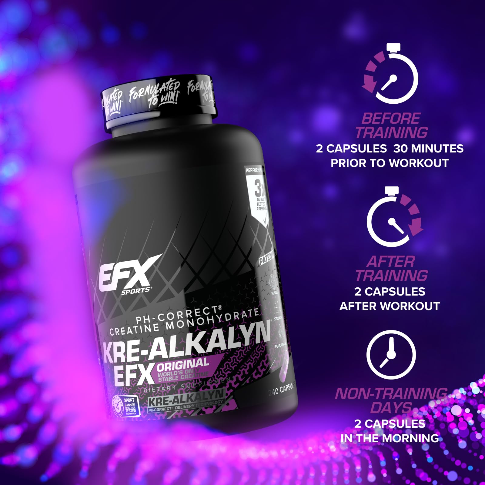Detalle de cápsulas Kre-Alkalyn EFX para fácil consumo diario.