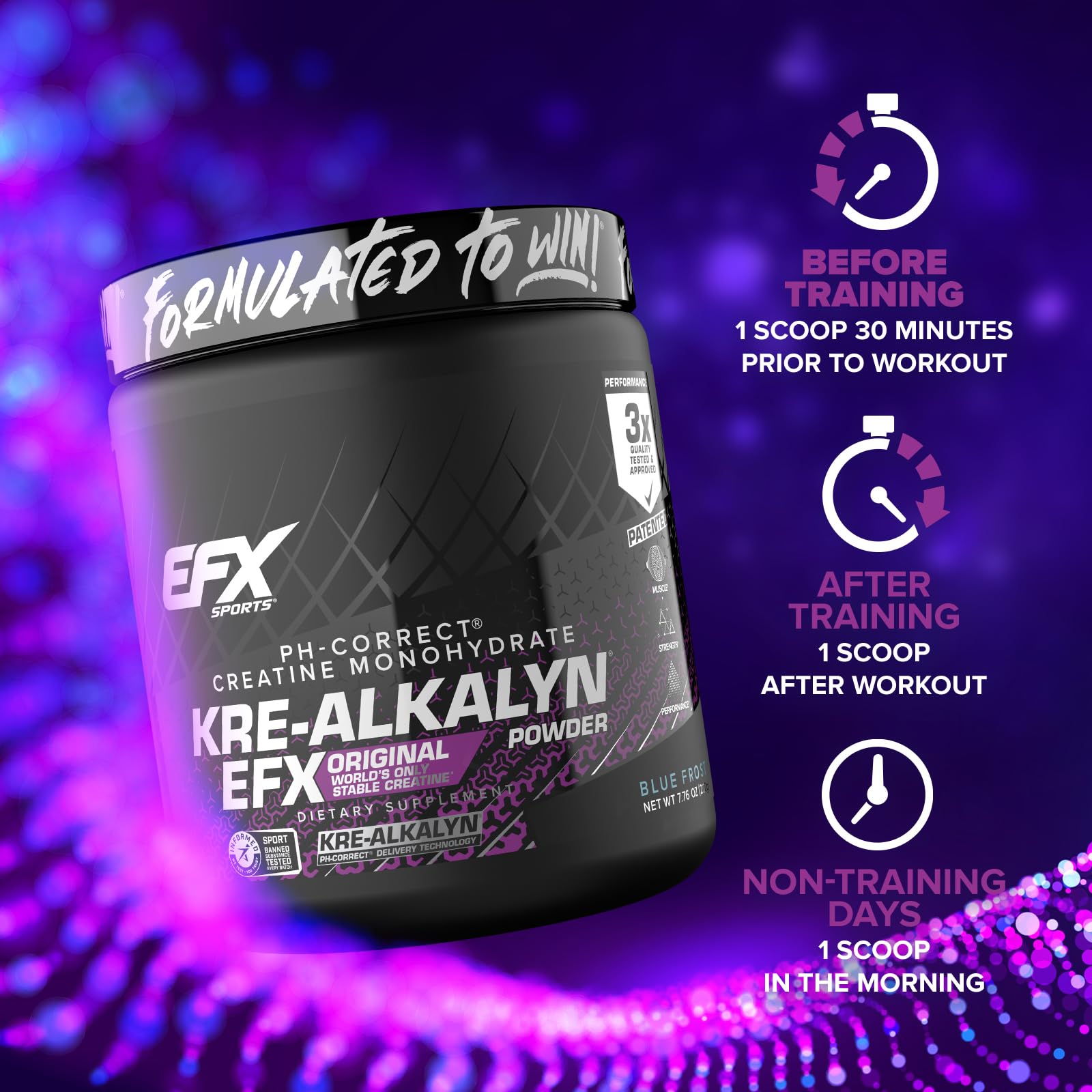 Envase ergonómico de Kre-Alkalyn EFX para uso cómodo.