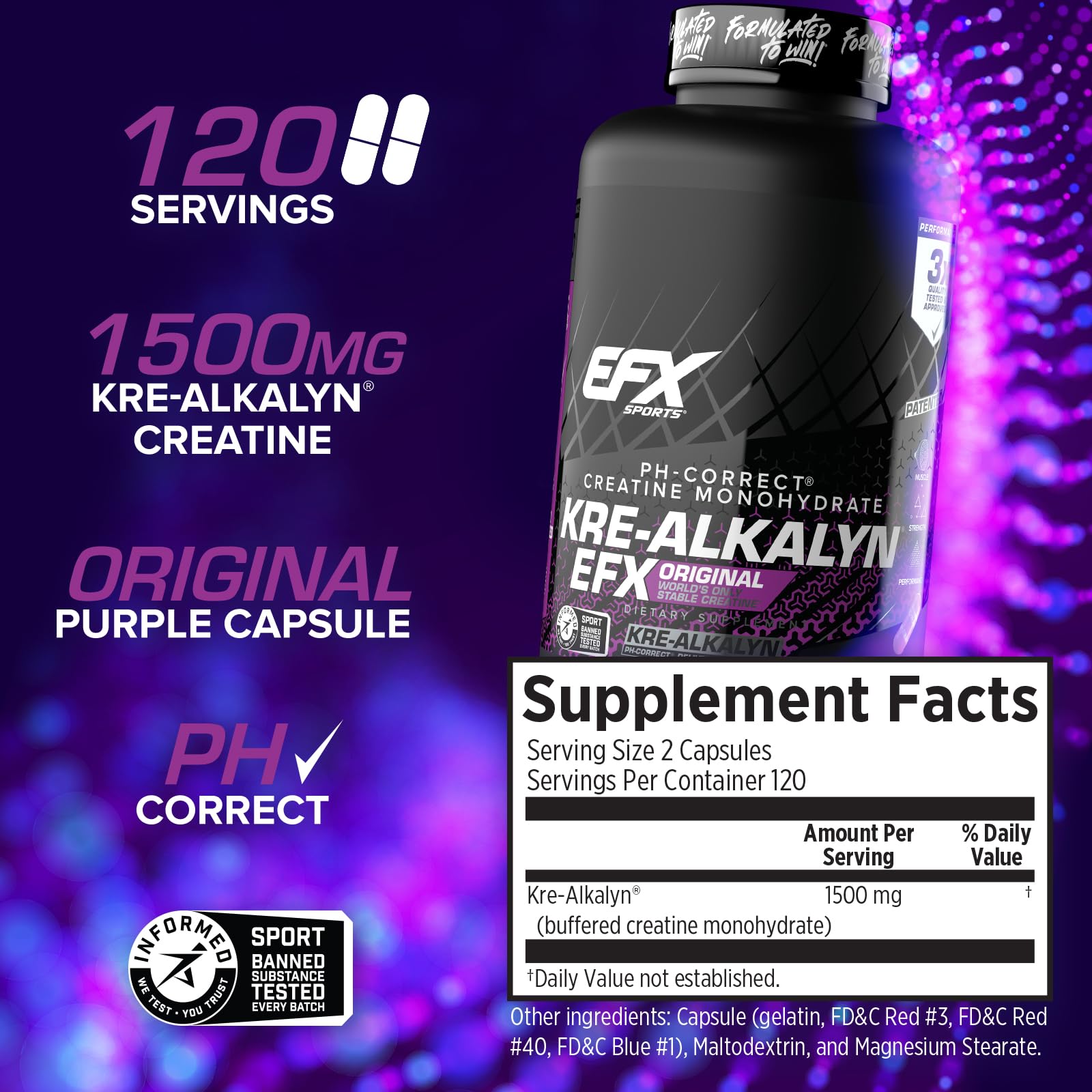 Etiqueta detallada de Kre-Alkalyn EFX, garantía de calidad para rendimiento sostenido.