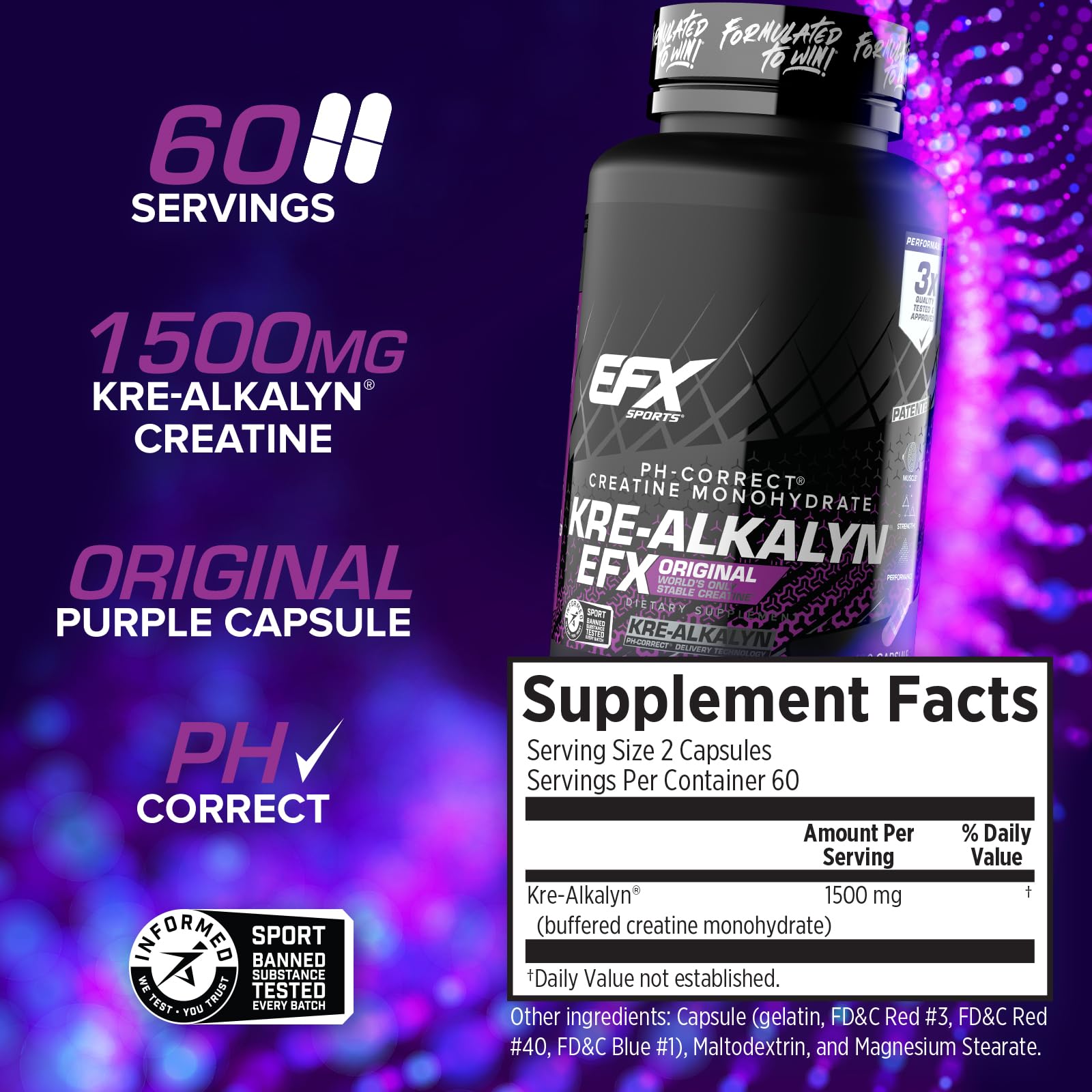 Etiqueta de Kre-Alkalyn EFX con pureza y pruebas de calidad.