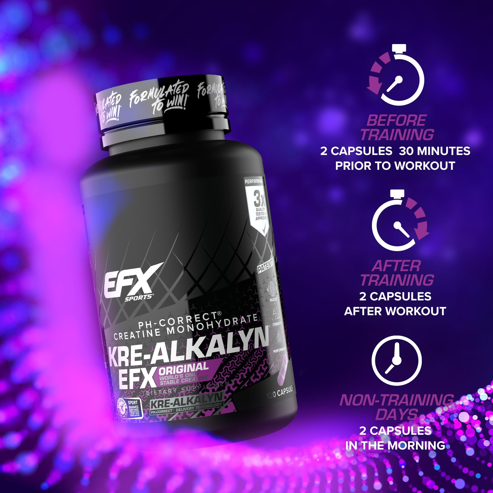 Uso pre y post entrenamiento con Kre-Alkalyn EFX para potencia y recuperación.