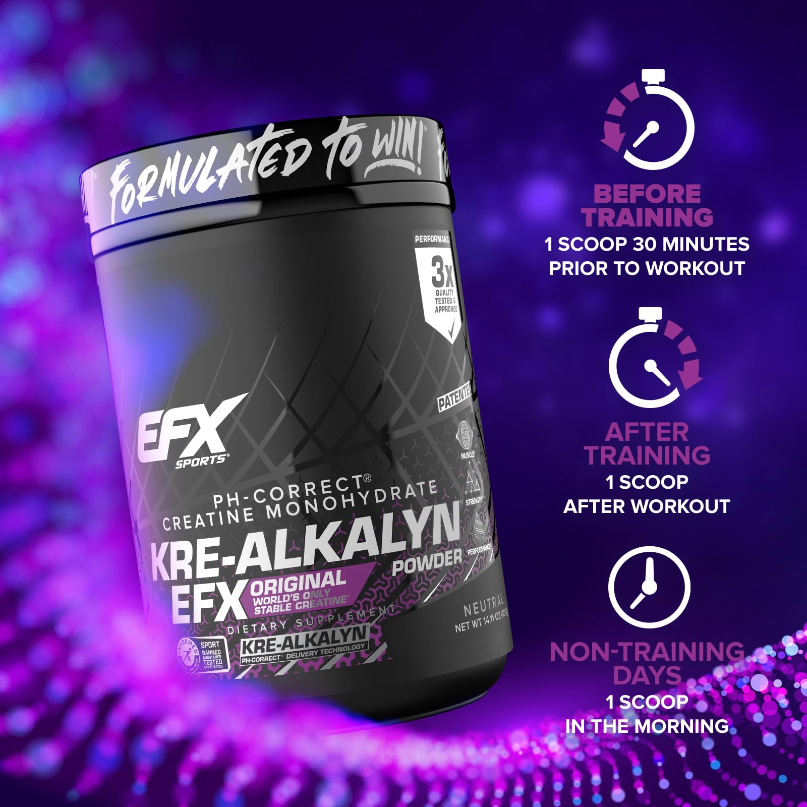 EFX Sports Kre-Alkalyn complemento para entrenamientos de fuerza.