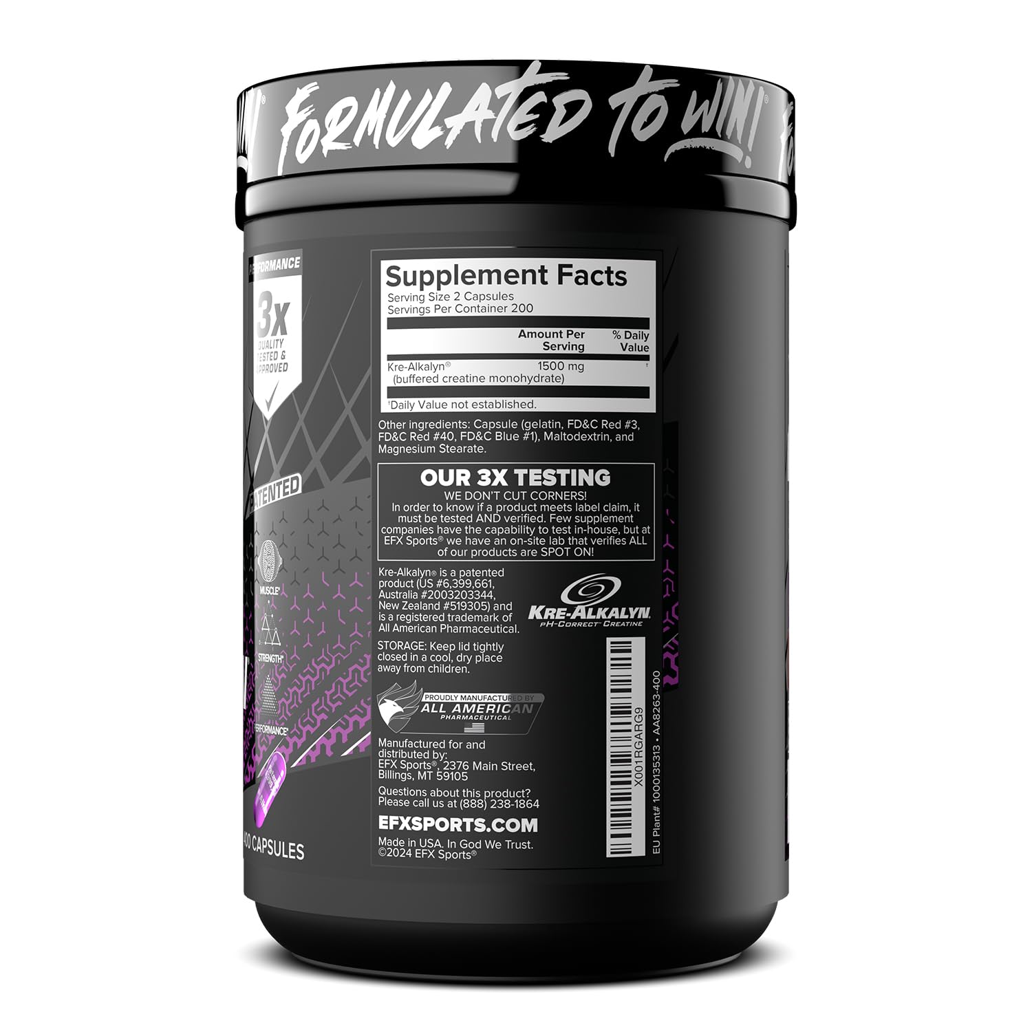 EFX Kre-Alkalyn EFX: envase seguro, cápsulas fáciles de tragar.