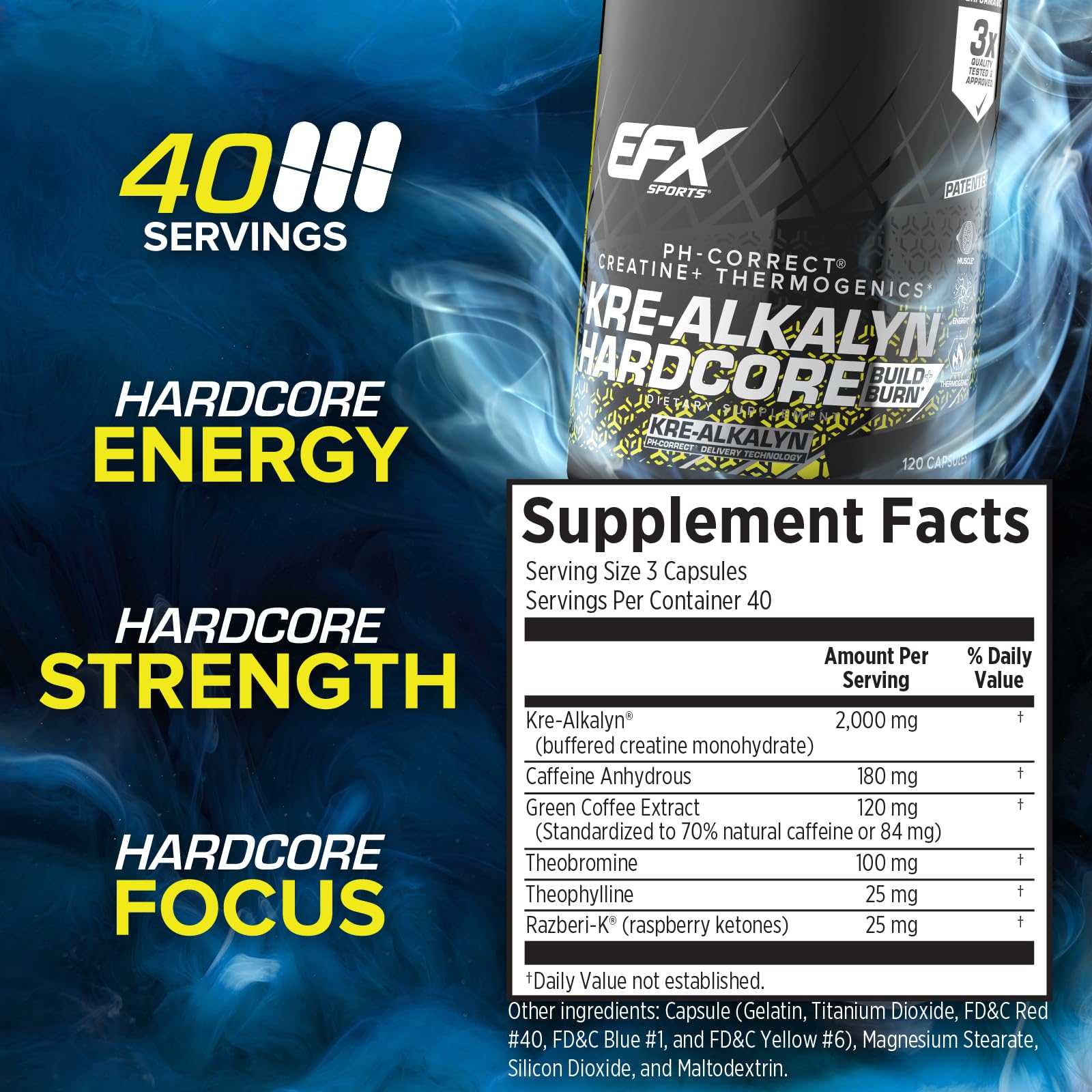 EFX Sports Kre-Alkalyn Hardcore, cápsulas en mano para dosis recomendada