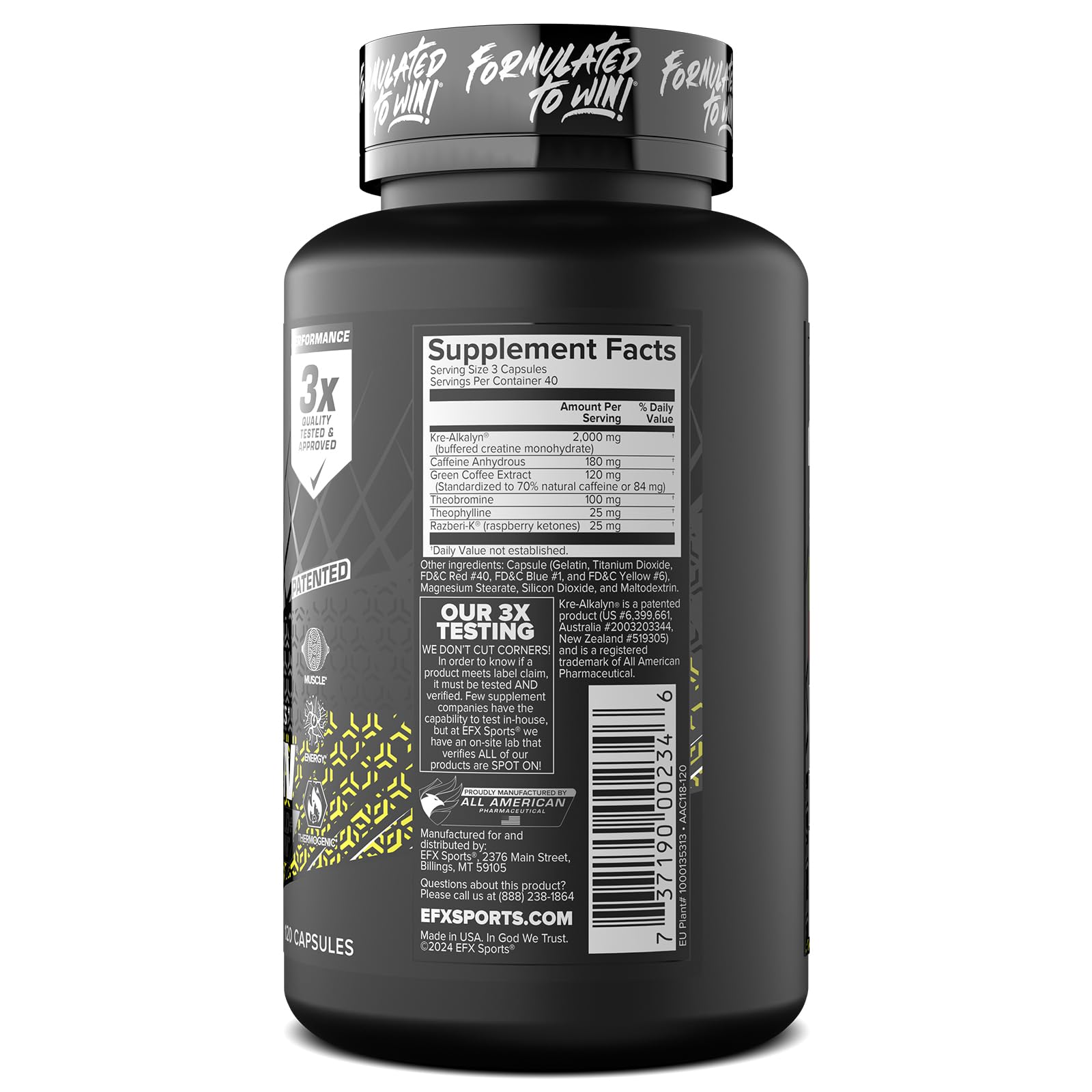 EFX Sports Kre-Alkalyn Hardcore, envase y cápsulas para tu rutina de gimnasio