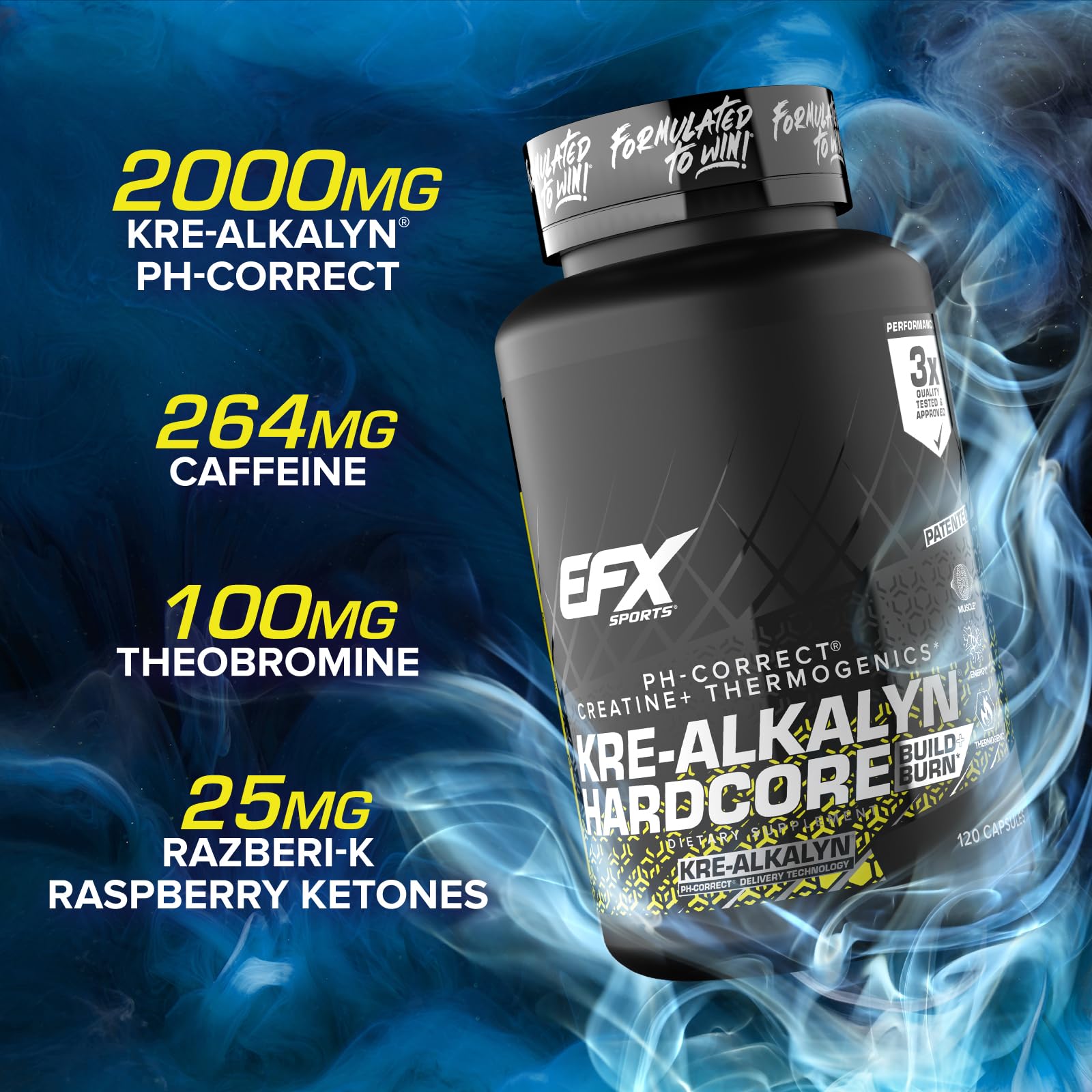 EFX Sports Kre-Alkalyn Hardcore, etiqueta resalta pH alto estable