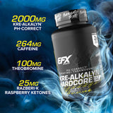 EFX Sports Kre-Alkalyn Hardcore, etiqueta resalta pH alto estable