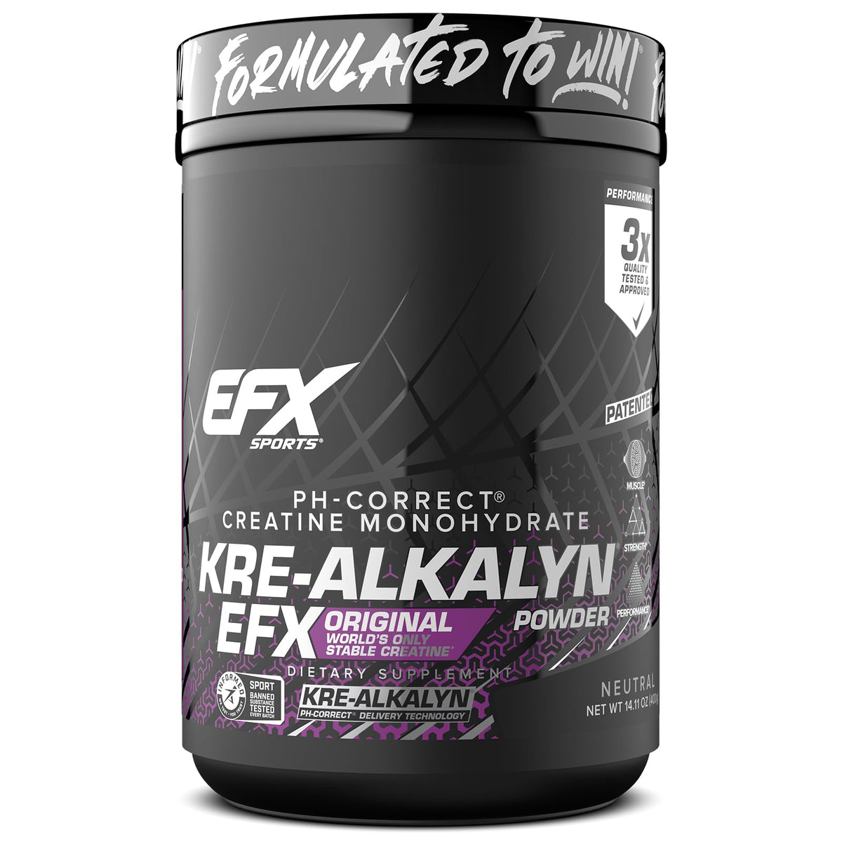 EFX Sports Kre-Alkalyn polvo para mezcla en agua, entrenamiento eficiente.