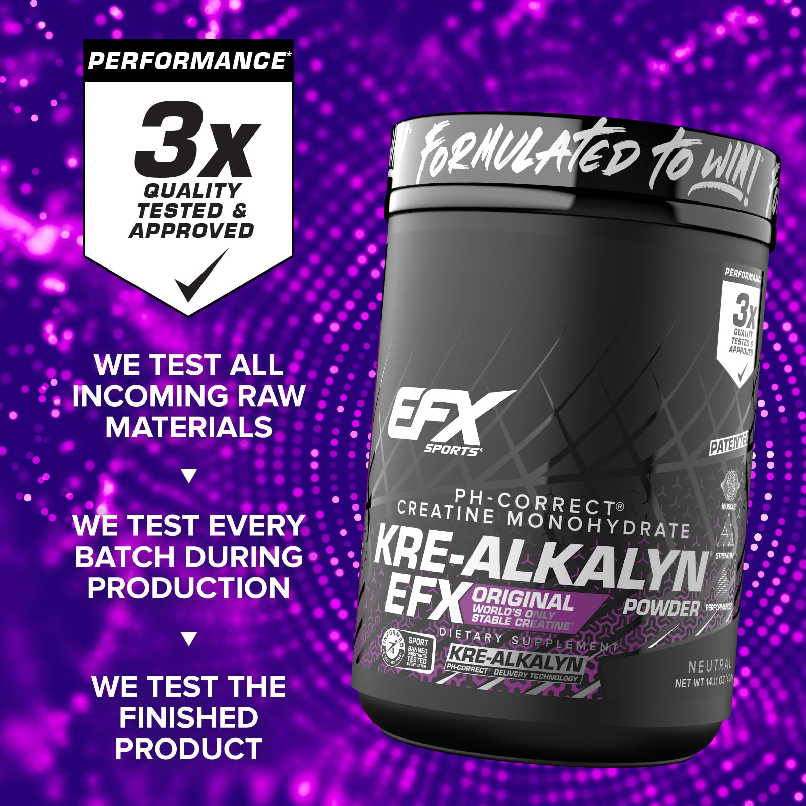EFX Sports Kre-Alkalyn pruebas de calidad triple para seguridad.