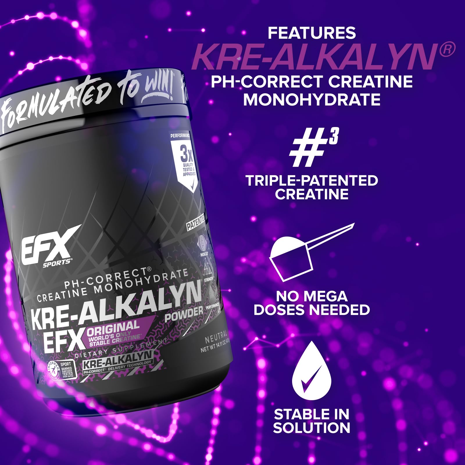 EFX Sports Kre-Alkalyn sabor neutro ideal para cualquier bebida.