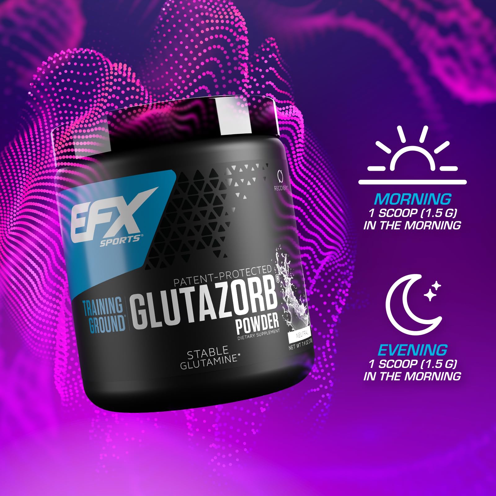 EFX Sports Training Ground Glutazorb polvo, envase detalle, señal de calidad y pureza.