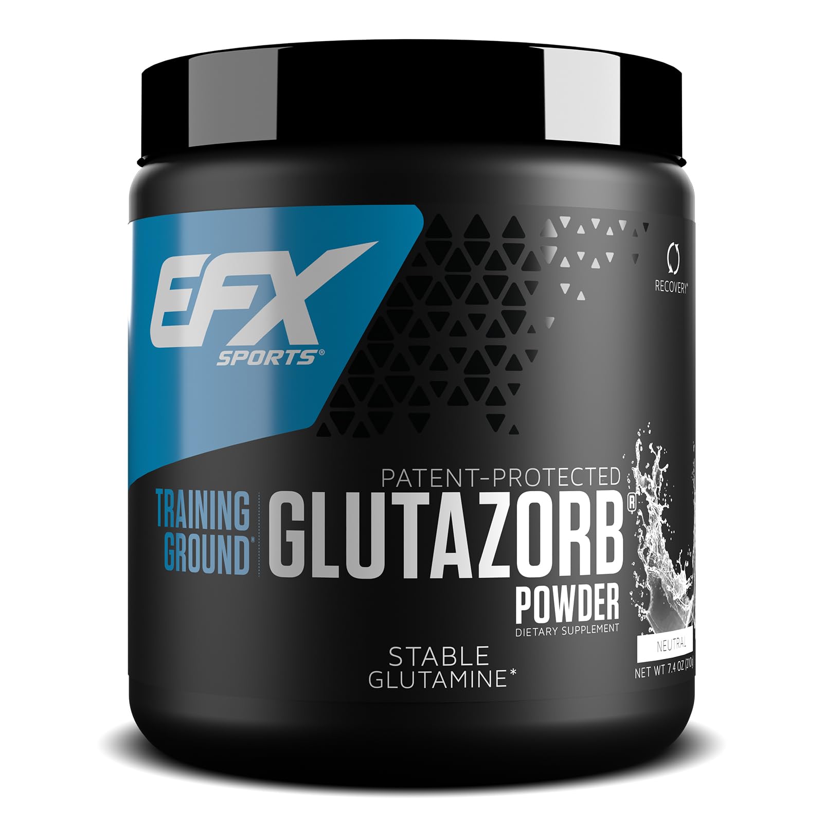 EFX Sports Training Ground Glutazorb polvo, envase frontal, preparado para entrenos intensos.