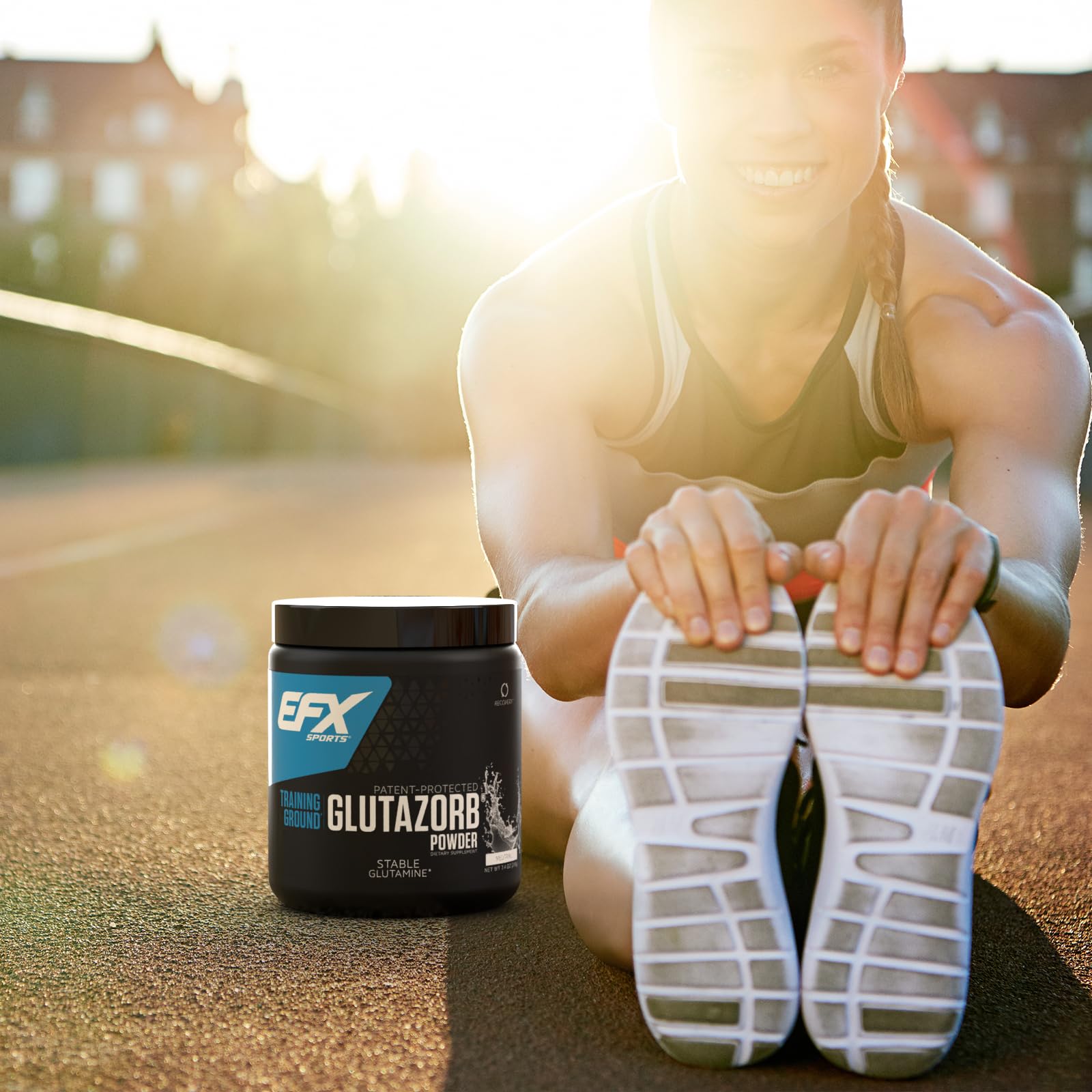 EFX Sports Training Ground Glutazorb polvo, uso en gimnasio, apoyo a recuperación muscular.