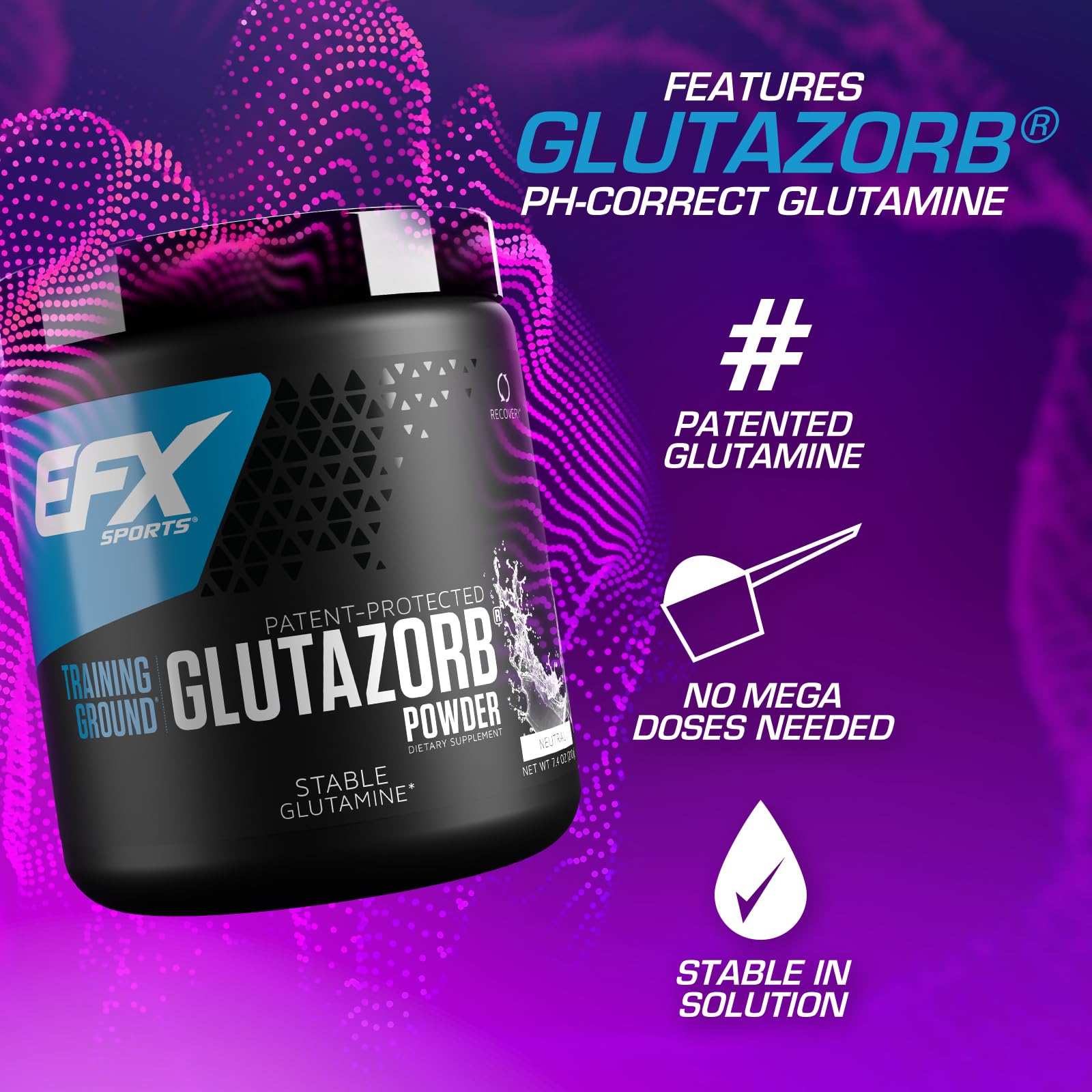 EFX Sports Training Ground Glutazorb polvo, vertido en vaso, mezcla suave y sin grumos.