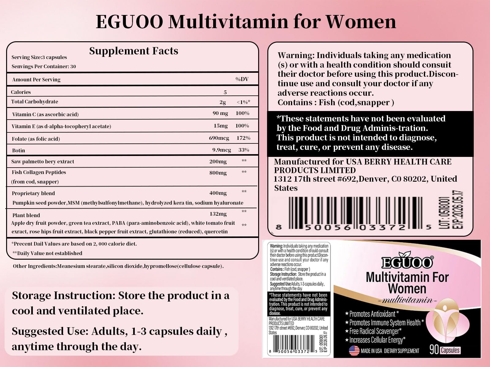EGUOO multivitamin etiqueta detalles: información clara de nutrientes para decisiones informadas.