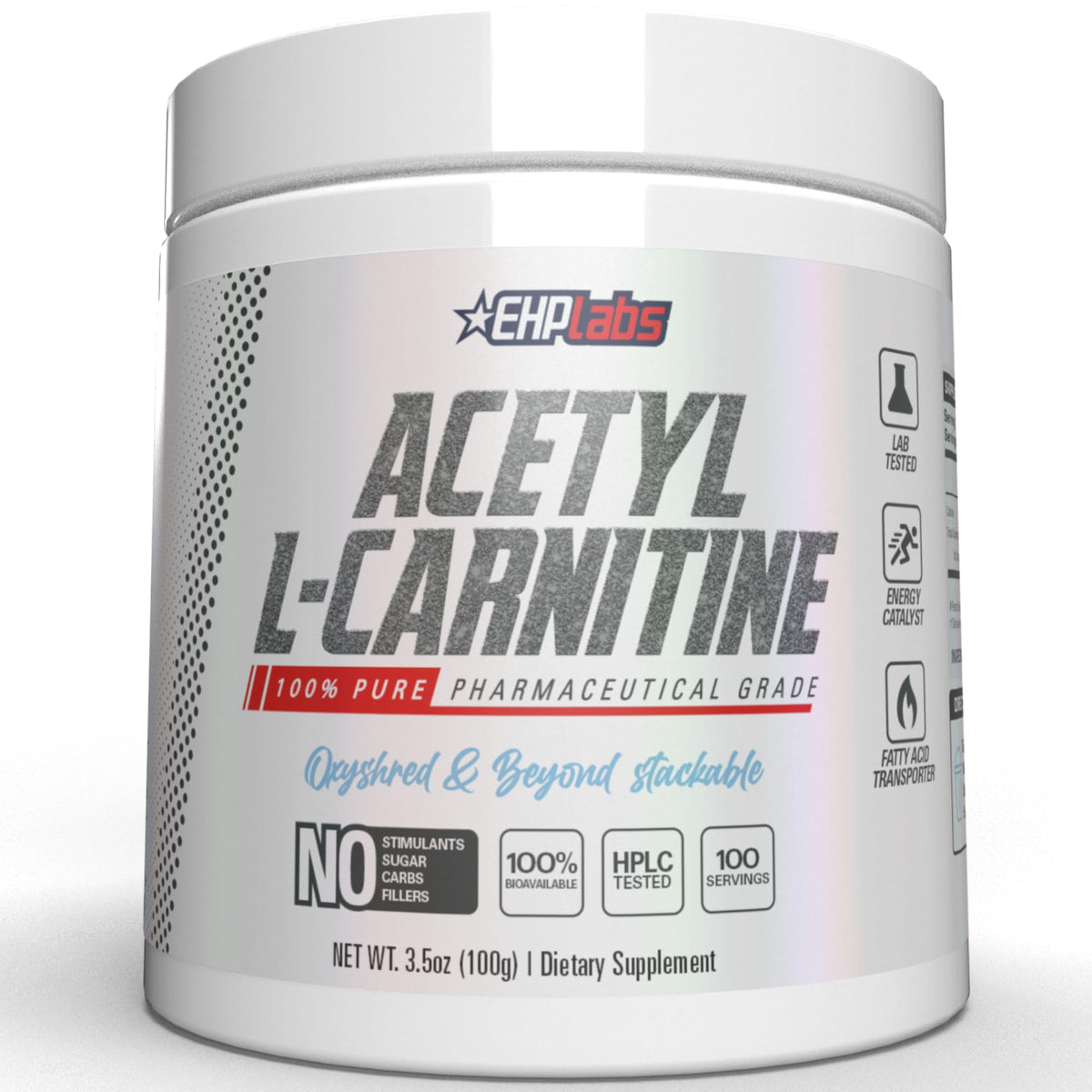 EHP Labs Acetyl L Carnitine Powder, botella, apoyo a la energía natural.
