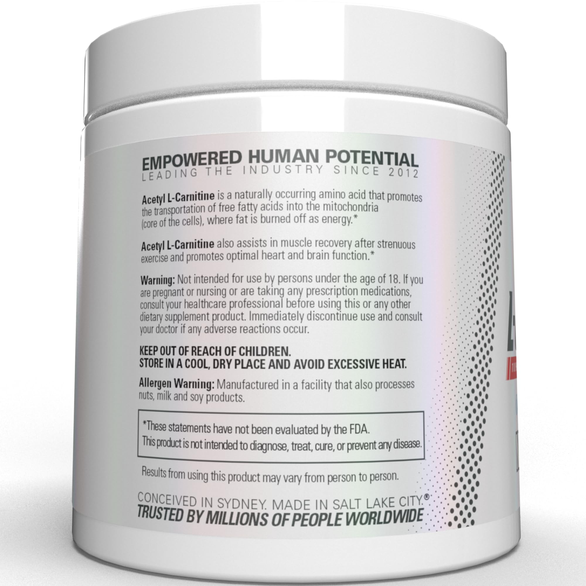 Presentación con 100 porciones de EHP Labs Acetyl L Carnitine Powder.