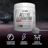 Etiqueta frontal de EHP Labs Acetyl L Carnitine Powder con información de uso.