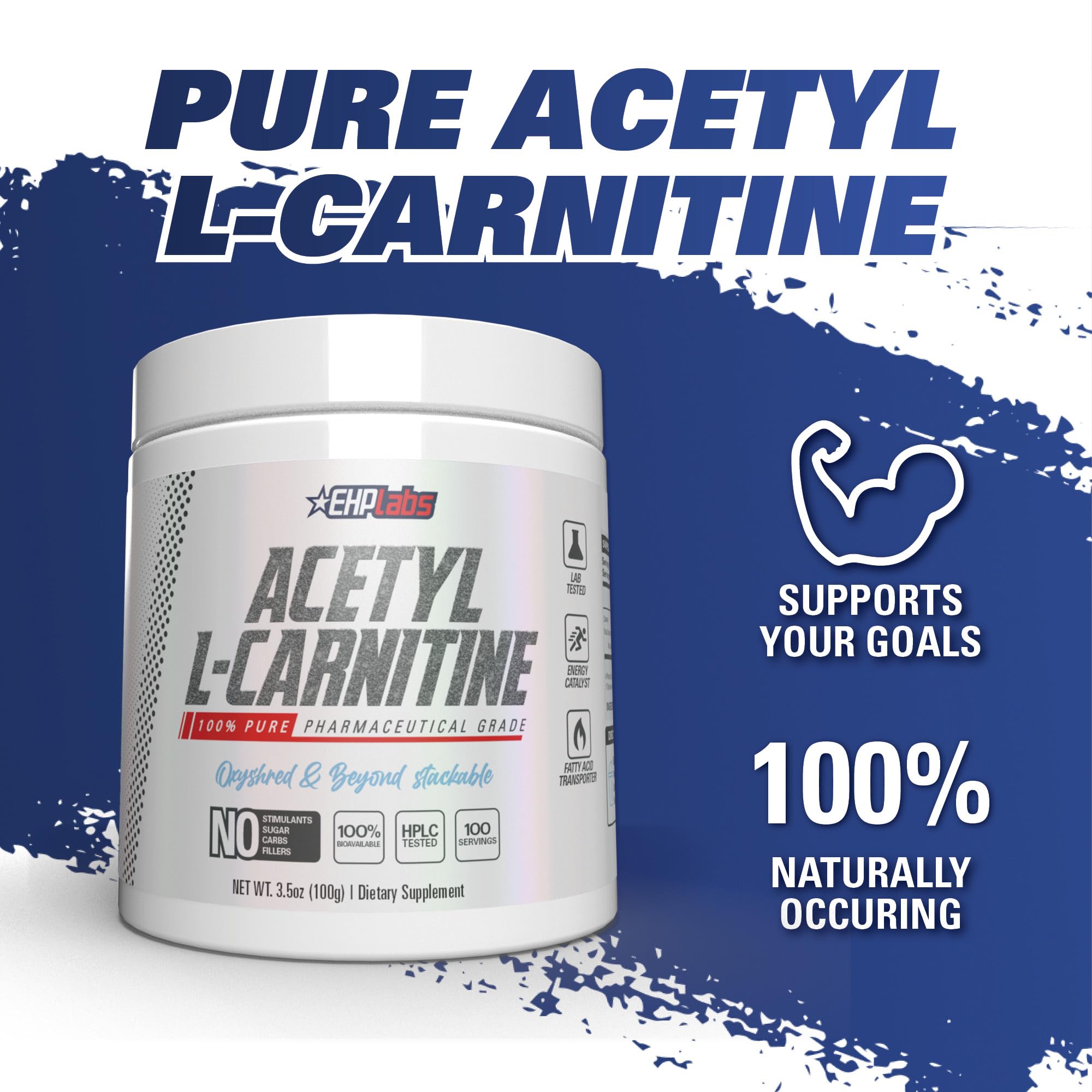 Tubo abierto de EHP Labs Acetyl L Carnitine Powder listo para tu rutina.