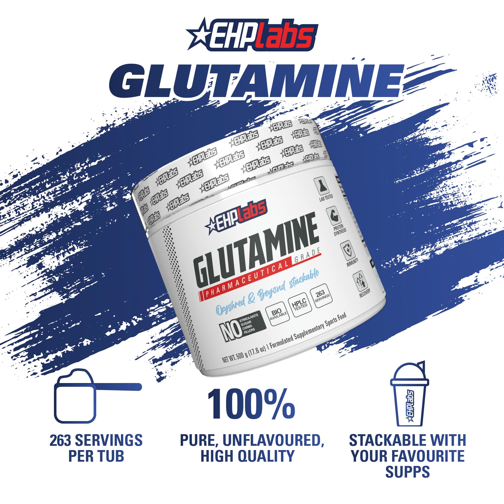 EHP Labs L-Glutamina batido con agua para recuperación muscular.