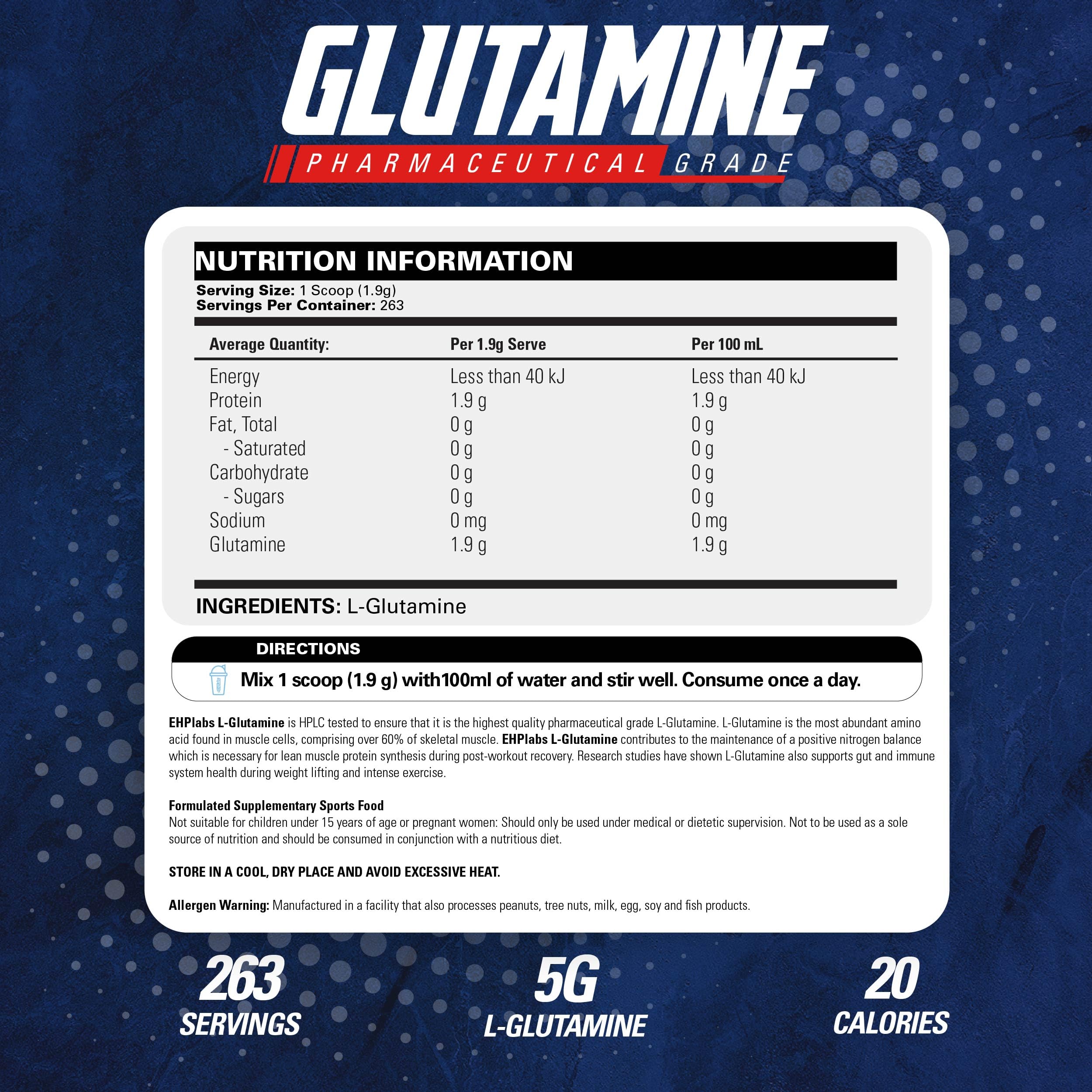 EHP Labs L-Glutamina en envase transparente, facilidad de dosificación post entrenamiento.