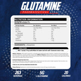 EHP Labs L-Glutamina en envase transparente, facilidad de dosificación post entrenamiento.