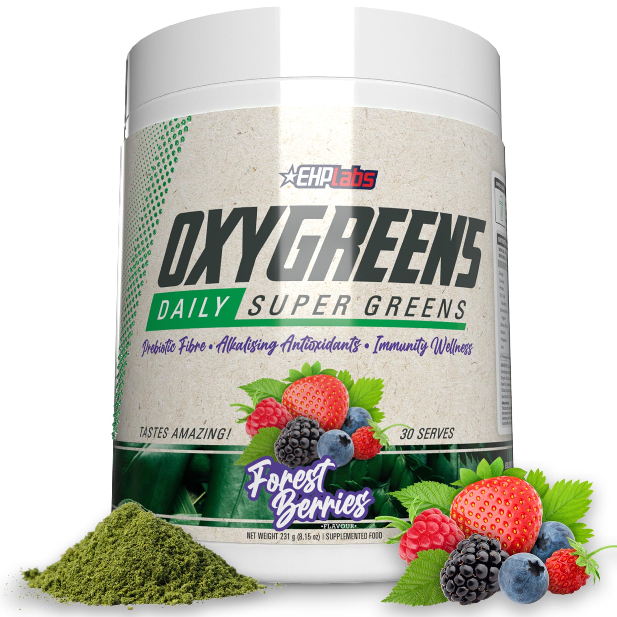 Envase de OxyGreens con 30 porciones para uso diario.