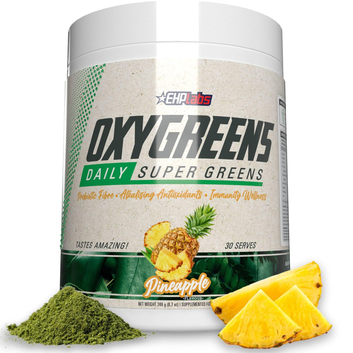 OxyGreens de EHP Labs, polvo verde, complemento diario de verduras.