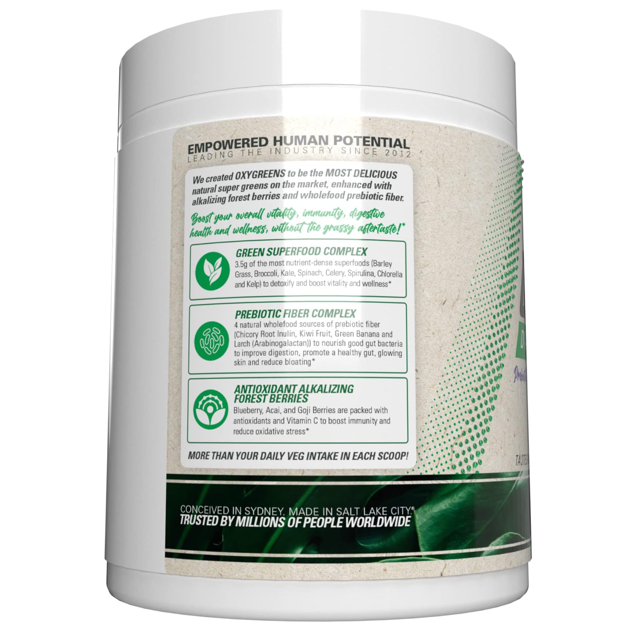 Uso diario en batidos o agua con OxyGreens.