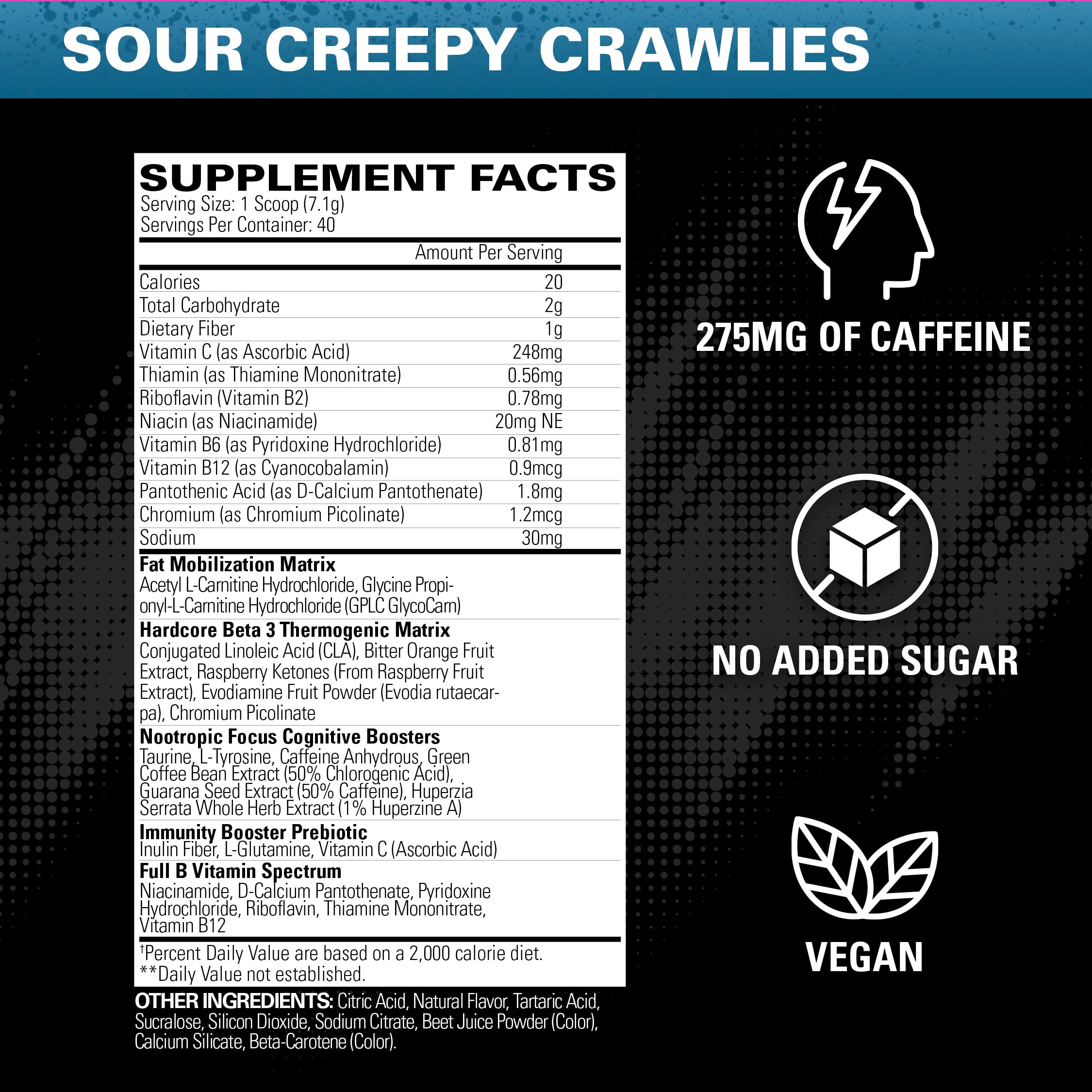 OxyShred Hardcore, etiqueta frontal clara de ingredientes y sabor Sour Crawlies.