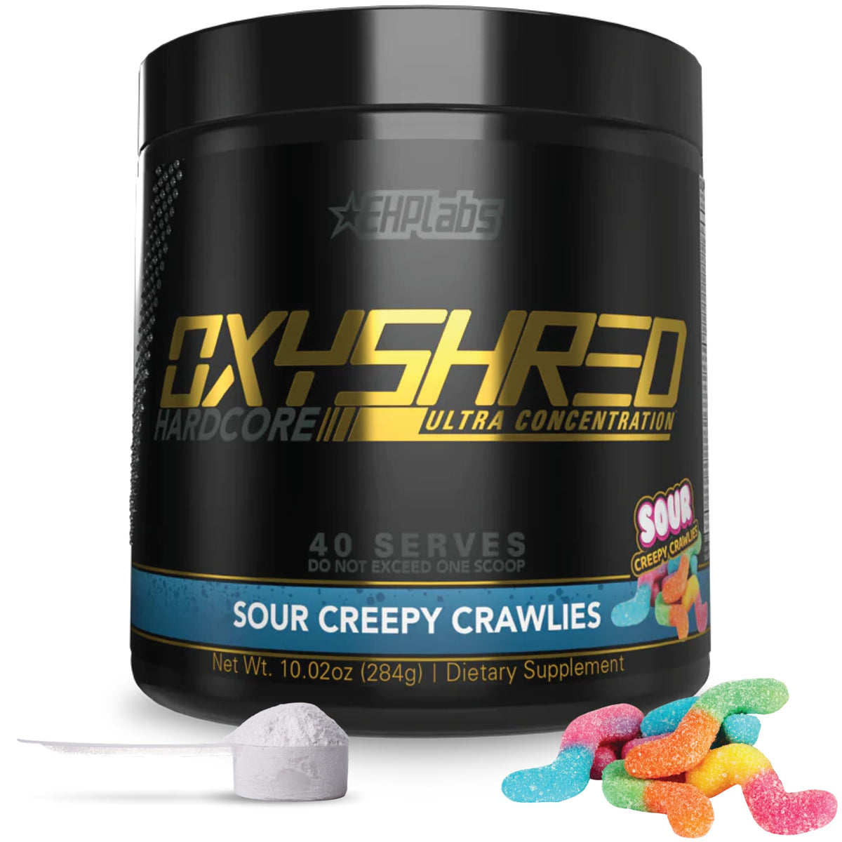 OxyShred Hardcore de EHP Labs, pote de preentrenamiento, energía sostenida para entrenamientos intensos.