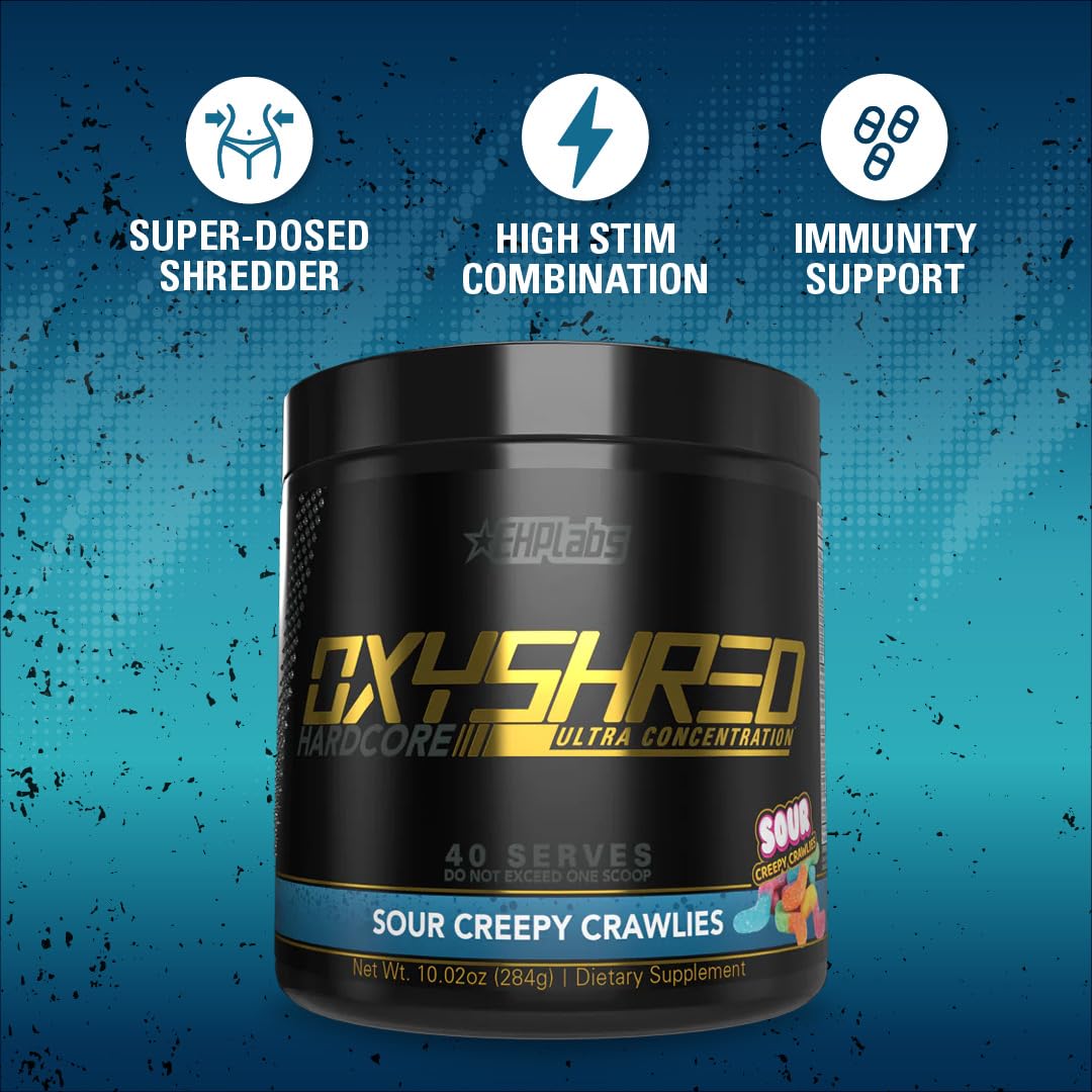 OxyShred Hardcore, sabor Sour Crawlies brinda experiencia gustativa para sesiones intensas.