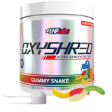 OxyShred de EHP Labs en bote de polvo, sabor serpiente gomosa, para energía de entrenamiento.
