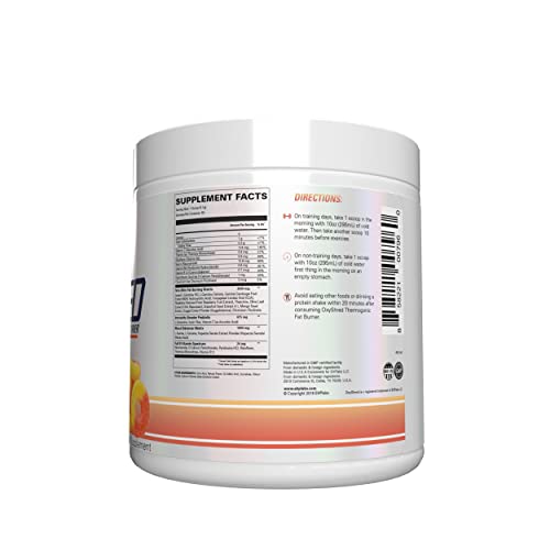 EHP Labs OxyShred Peach serving scoop beside prepared drink.