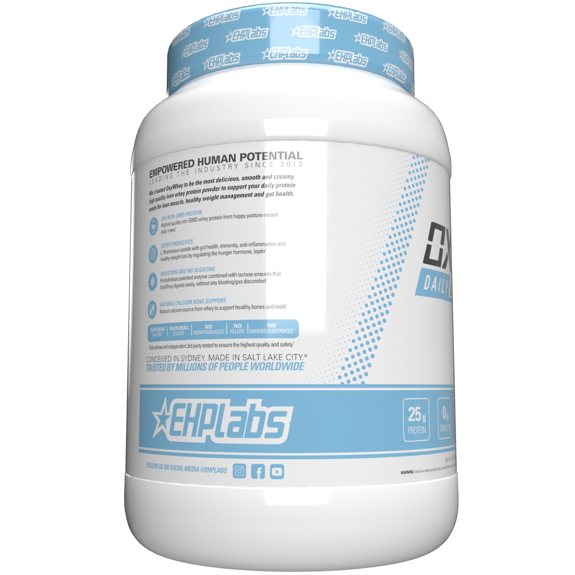 Cierre seguro del pote de OxyWhey para transporte.