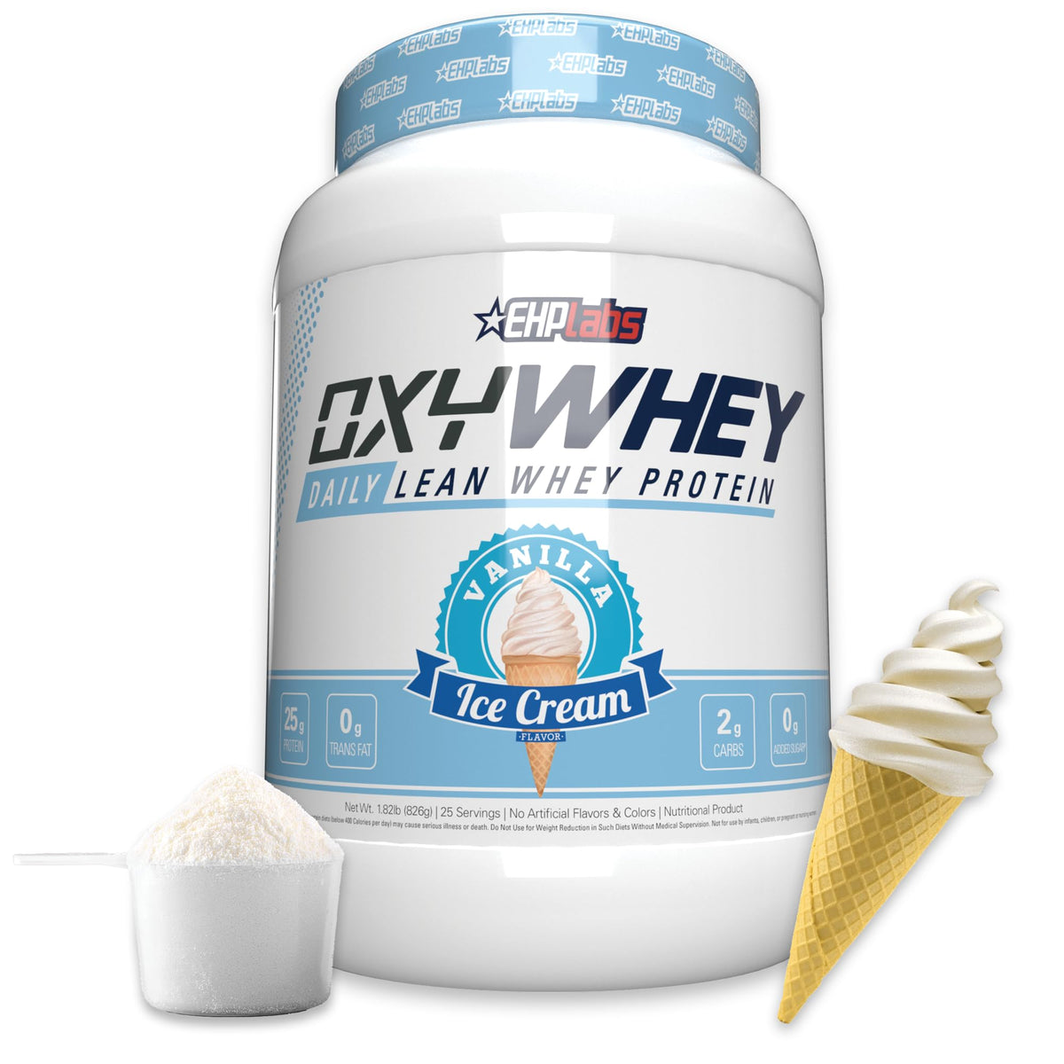 OxyWhey: cucharada medidora para dosis de proteína de rápida absorción.