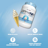 Vaso con batido OxyWhey, textura cremosa y sabor suave.