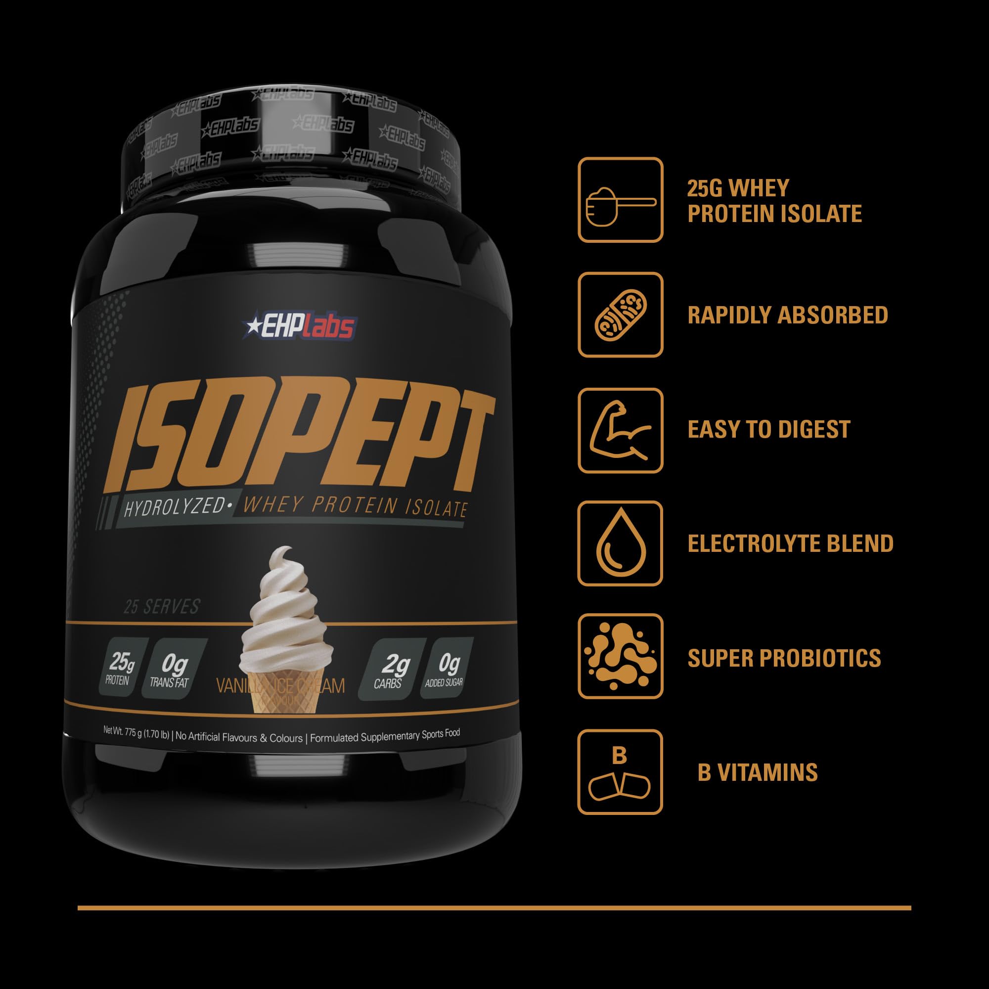 EHPlabs IsoPept polvo fino de proteína de suero hidrolizada, sabor vainilla.