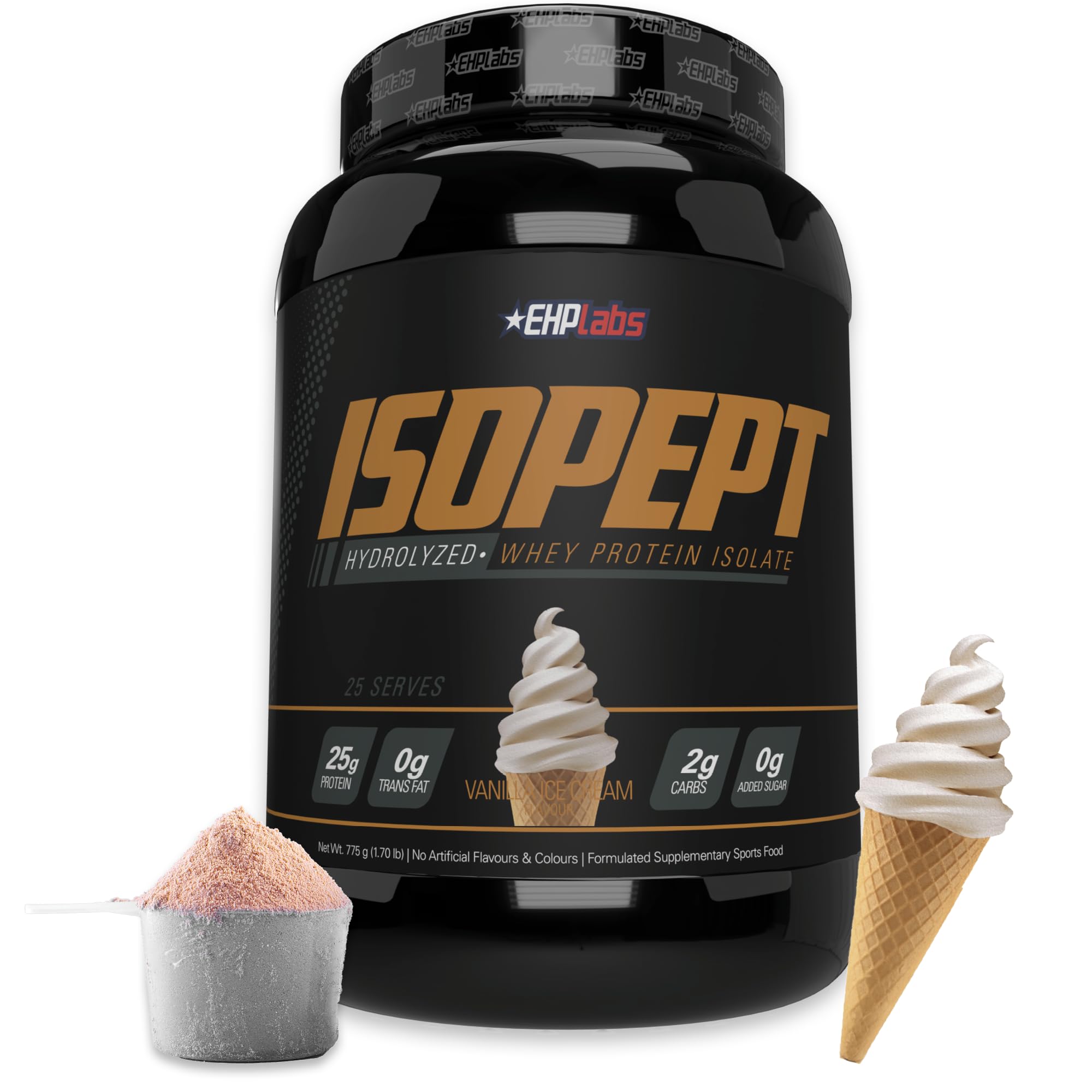 EHPlabs IsoPept proteina de suero hidrolizada en envase, sabor vainilla para post-entrenamiento.