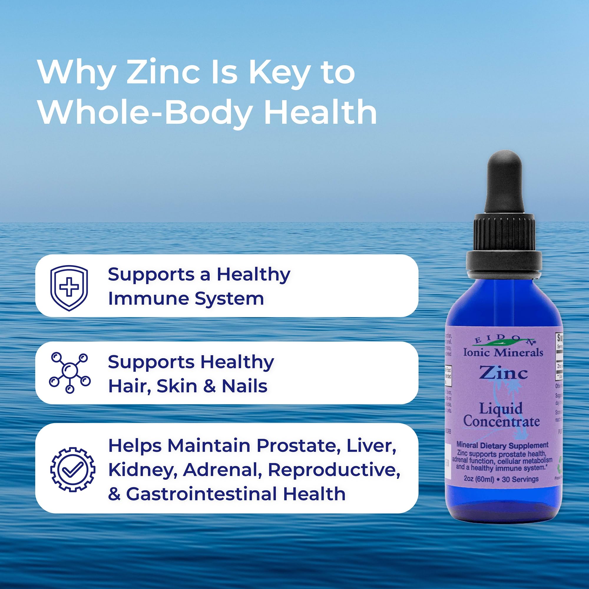 Cuidado de piel y cabello con zinc líquido Eidon Ionic Minerals.