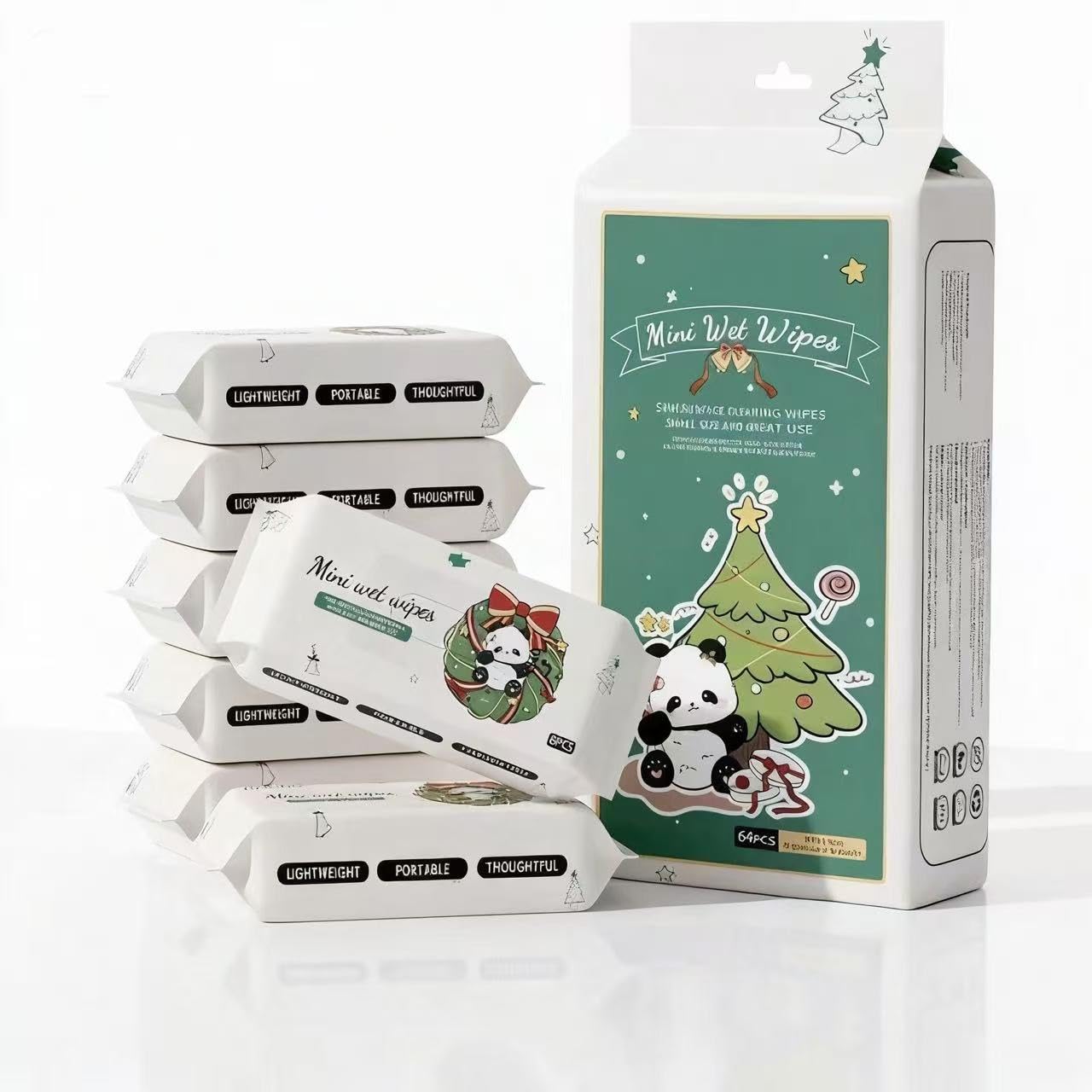 Toallitas mini Eifer con diseño navideño panda, perfectas para llevar en la bolsa.