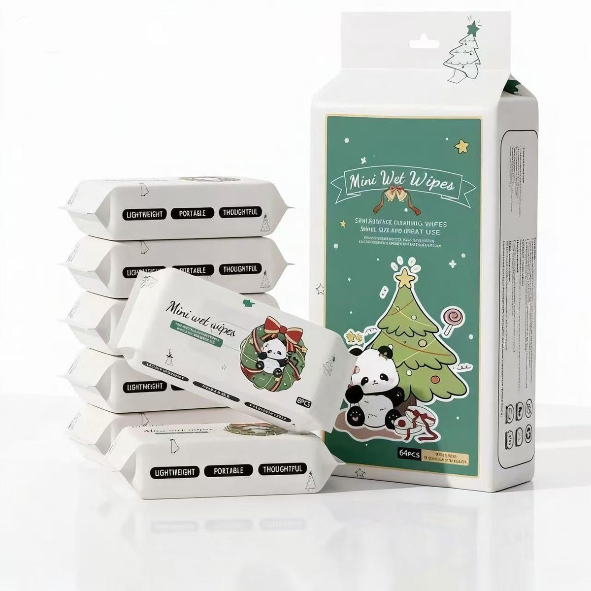 Toallitas mini Eifer con diseño navideño panda, perfectas para llevar en la bolsa.