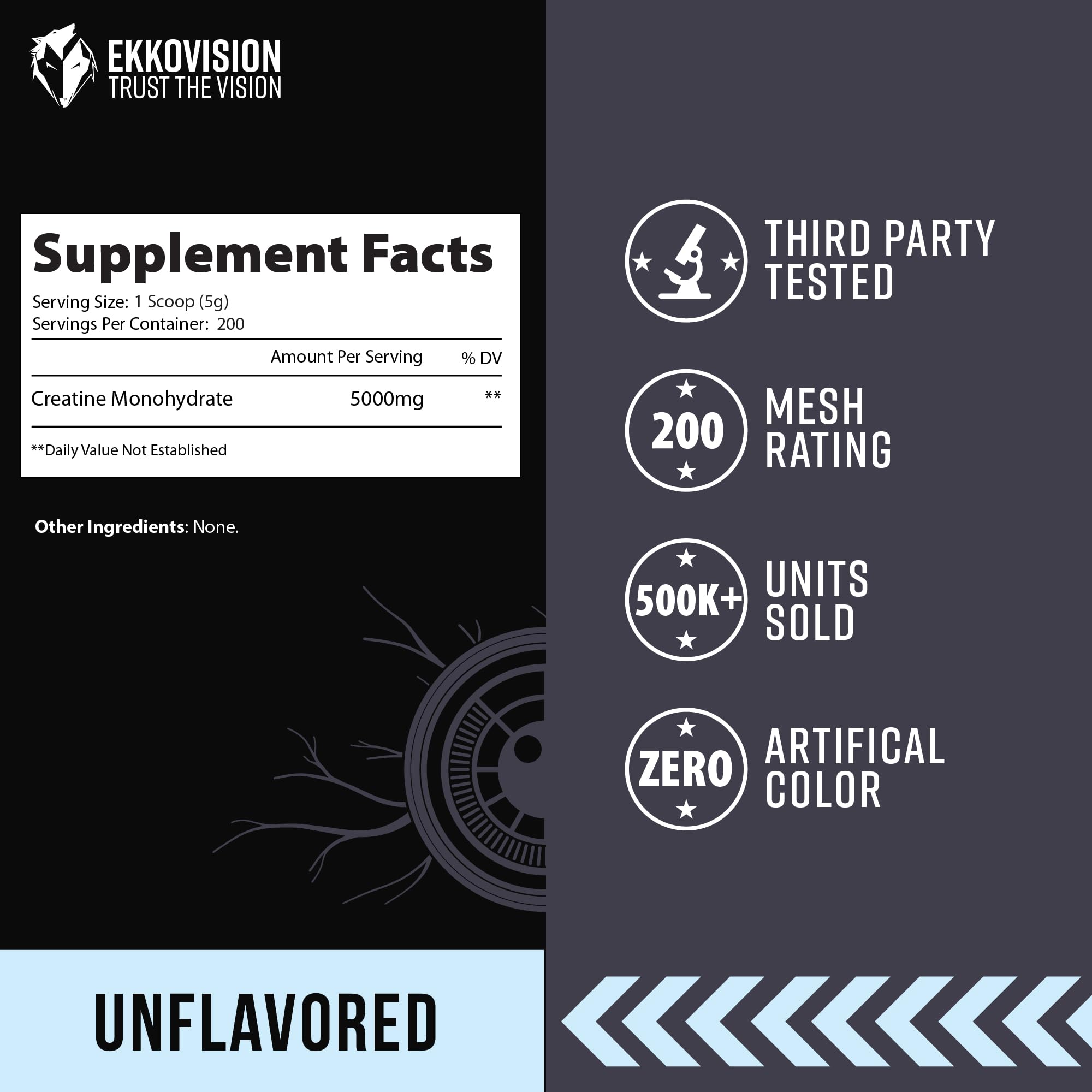 Ekkovision Creatine Monohydrate, ideal para entrenamientos intensos y rendimiento.