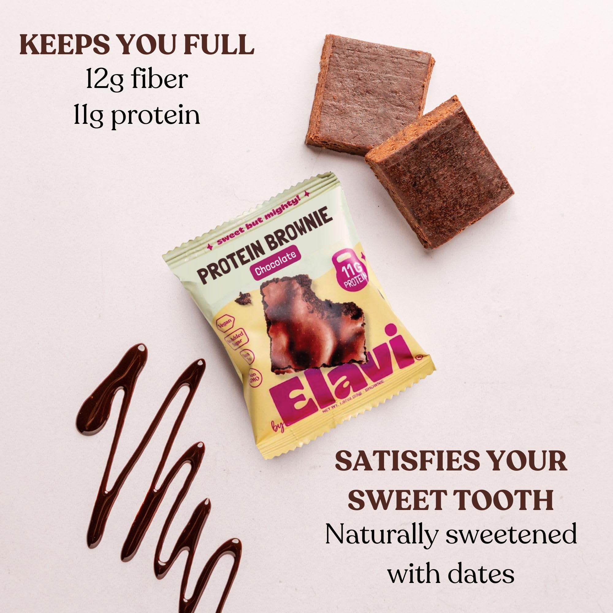 Elavi Protein Brownie con 10 g de fibra para energía sostenida durante el día.