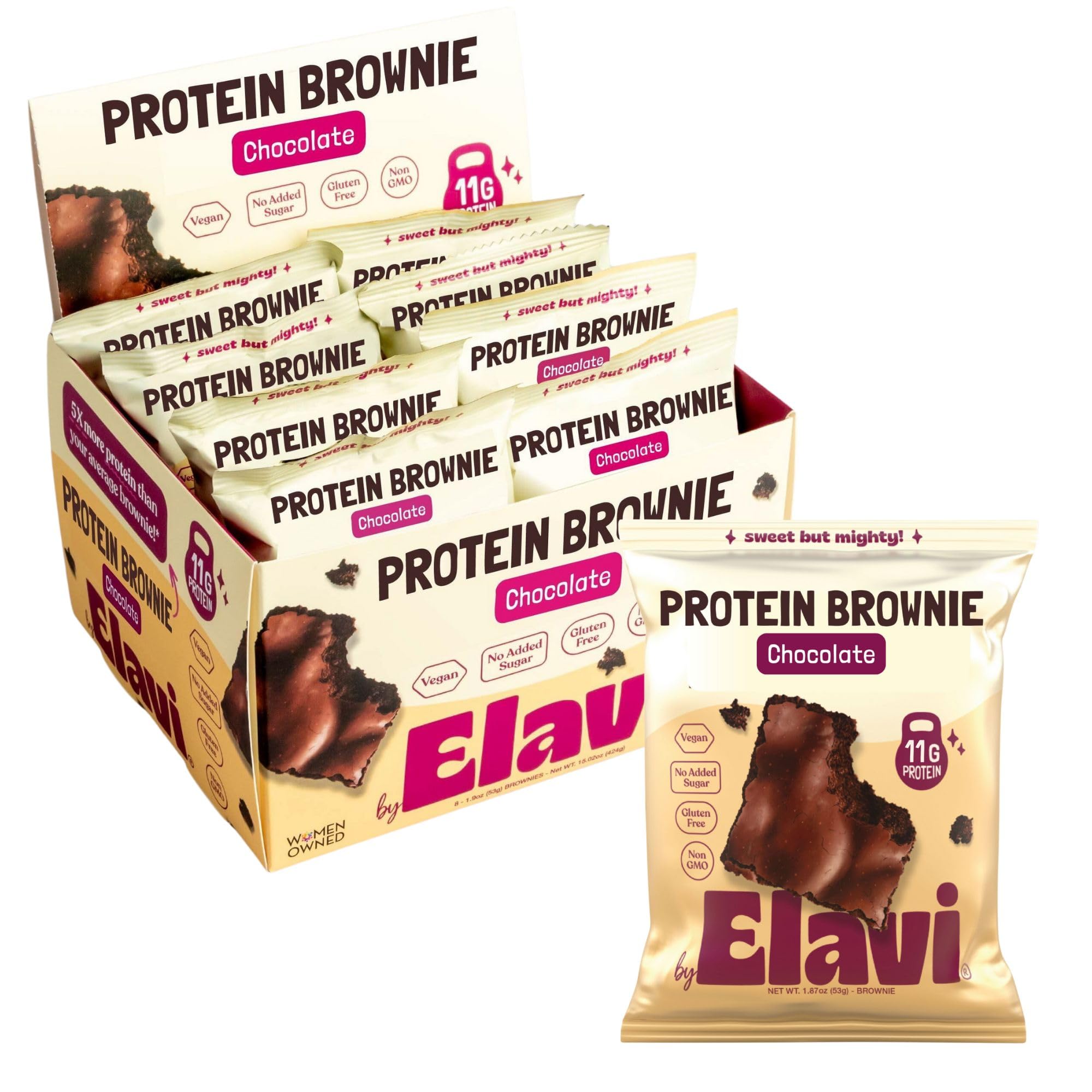 Elavi Protein Brownie muestra textura masticable, ideal como snack post-entreno.