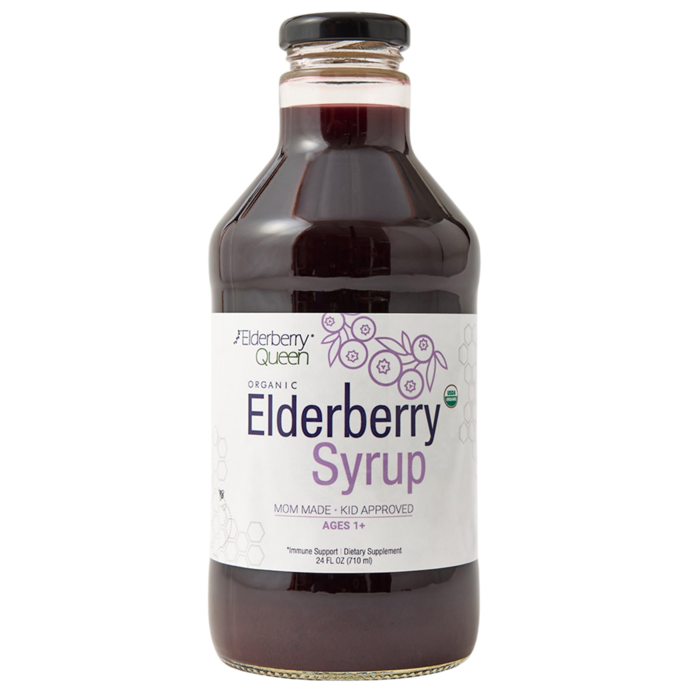 Elderberry Queen botella frontal, jarabe natural para uso familiar diario.