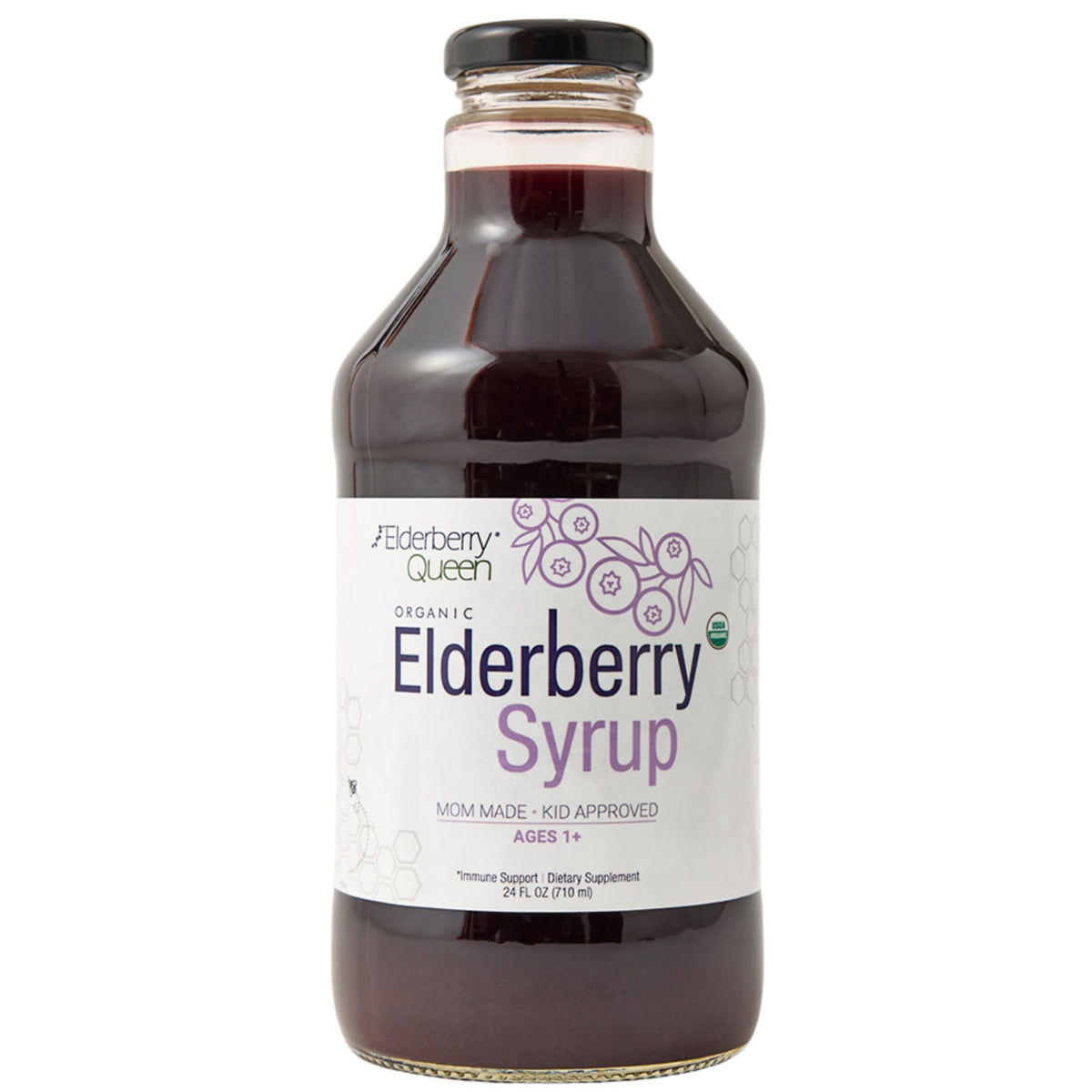 Elderberry Queen botella frontal, jarabe natural para uso familiar diario.