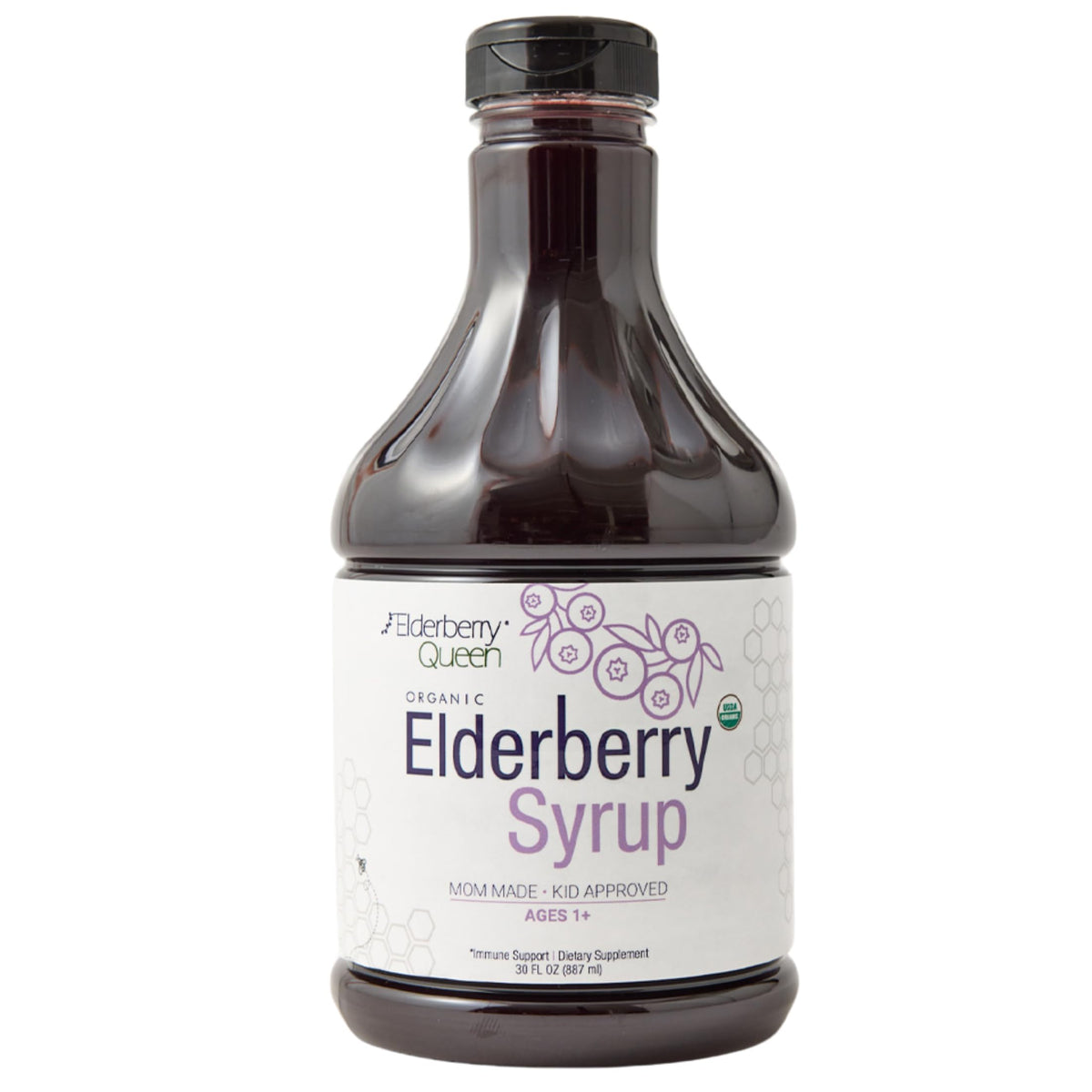 Sirope Elderberry Queen en botella de 30 oz para uso diario familiar.
