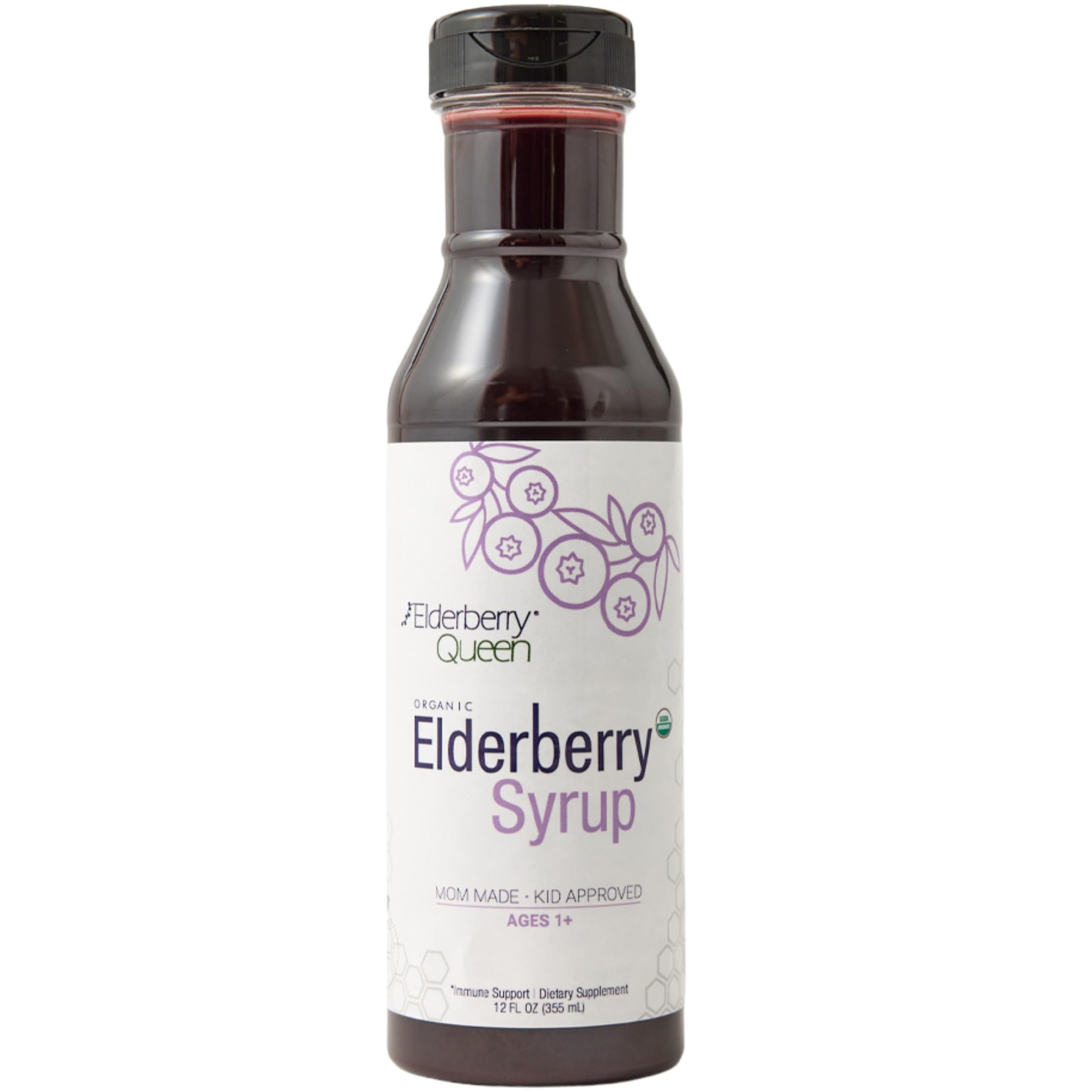 Sirope Elderberry Queen en botella, posible apoyo diario al bienestar.